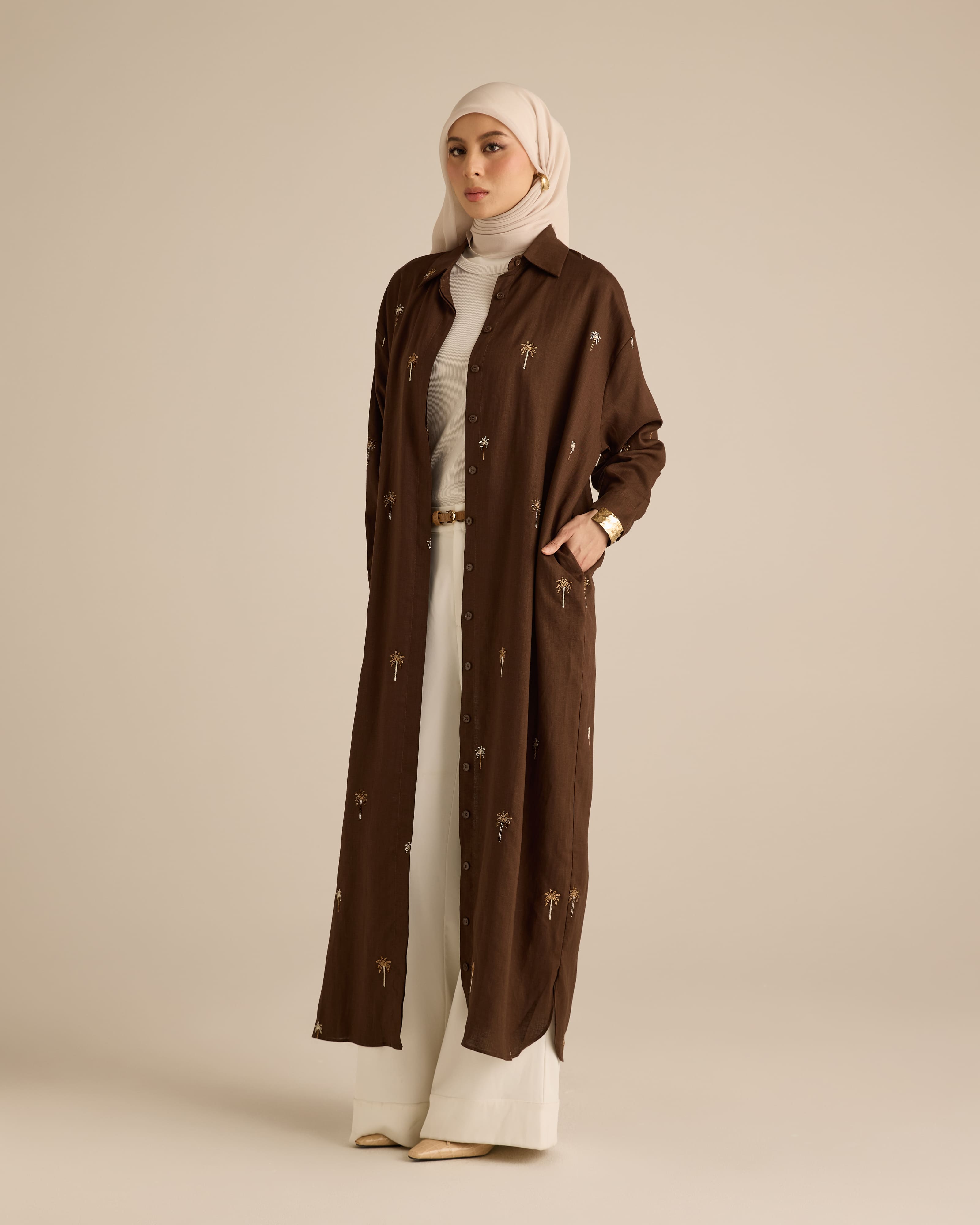 Leena Brown Embroidered Long Dress