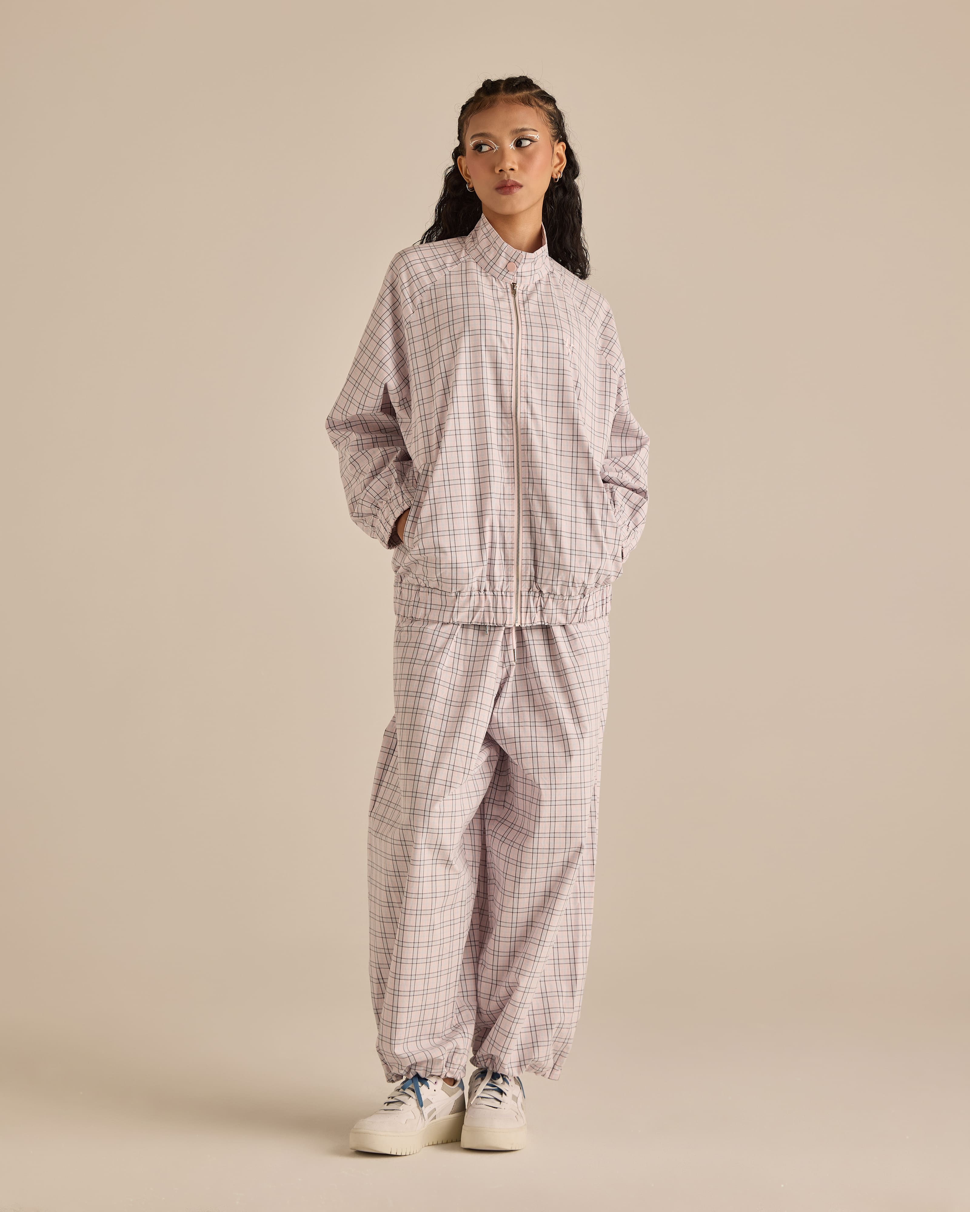 Soft Pink Plaid High-Neck Jacket