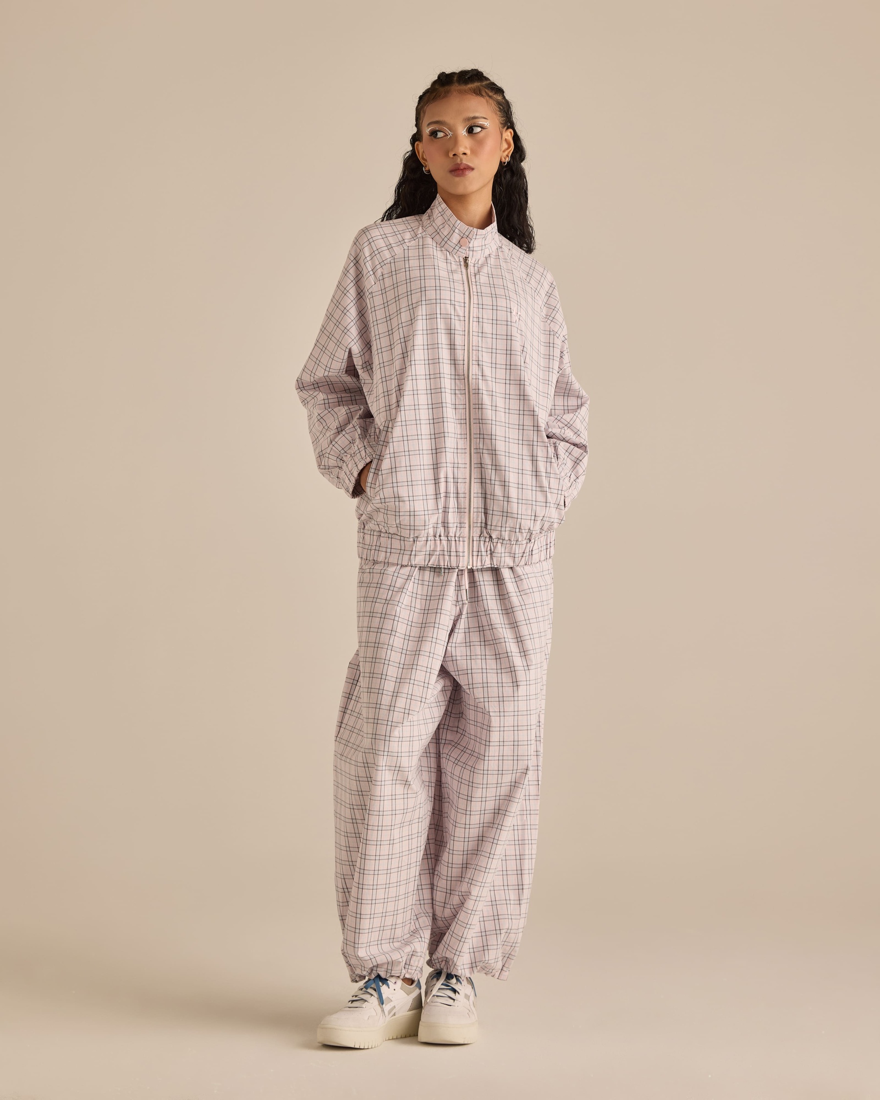 Soft Pink Plaid High-Neck Jacket
