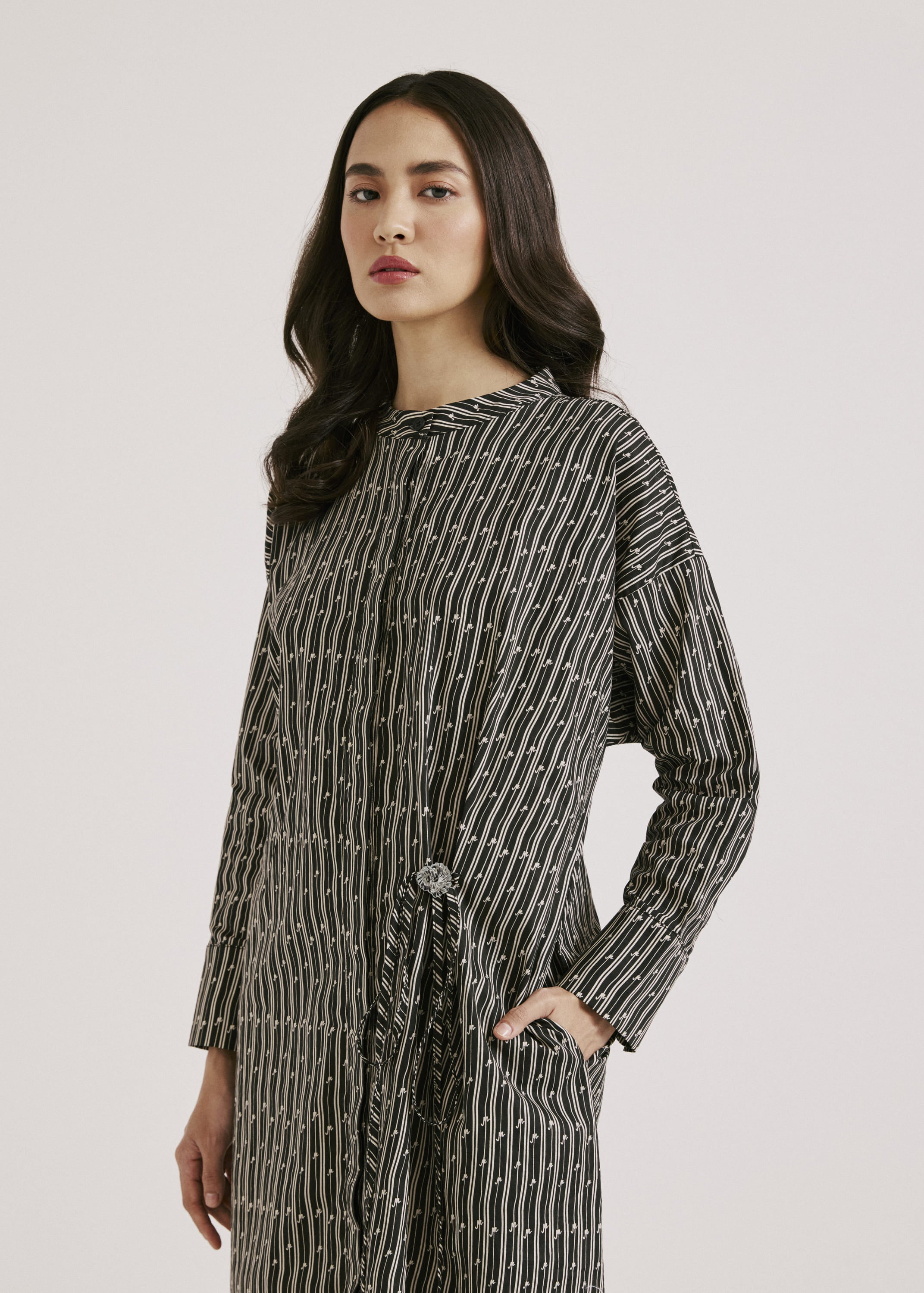 Ayva Black-Off White Printed Long Dress