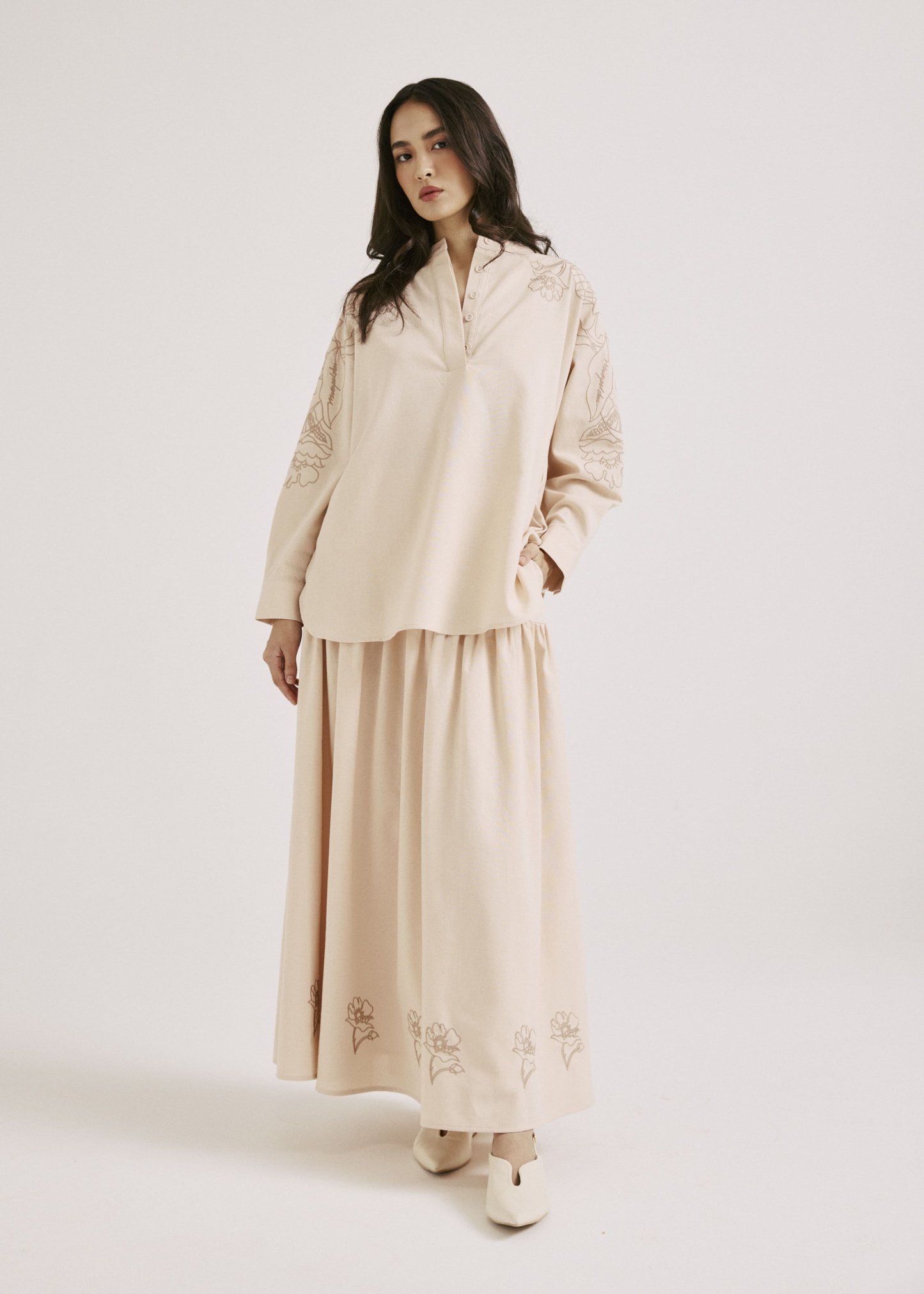Meira Light Beige Embroidered Linen Top