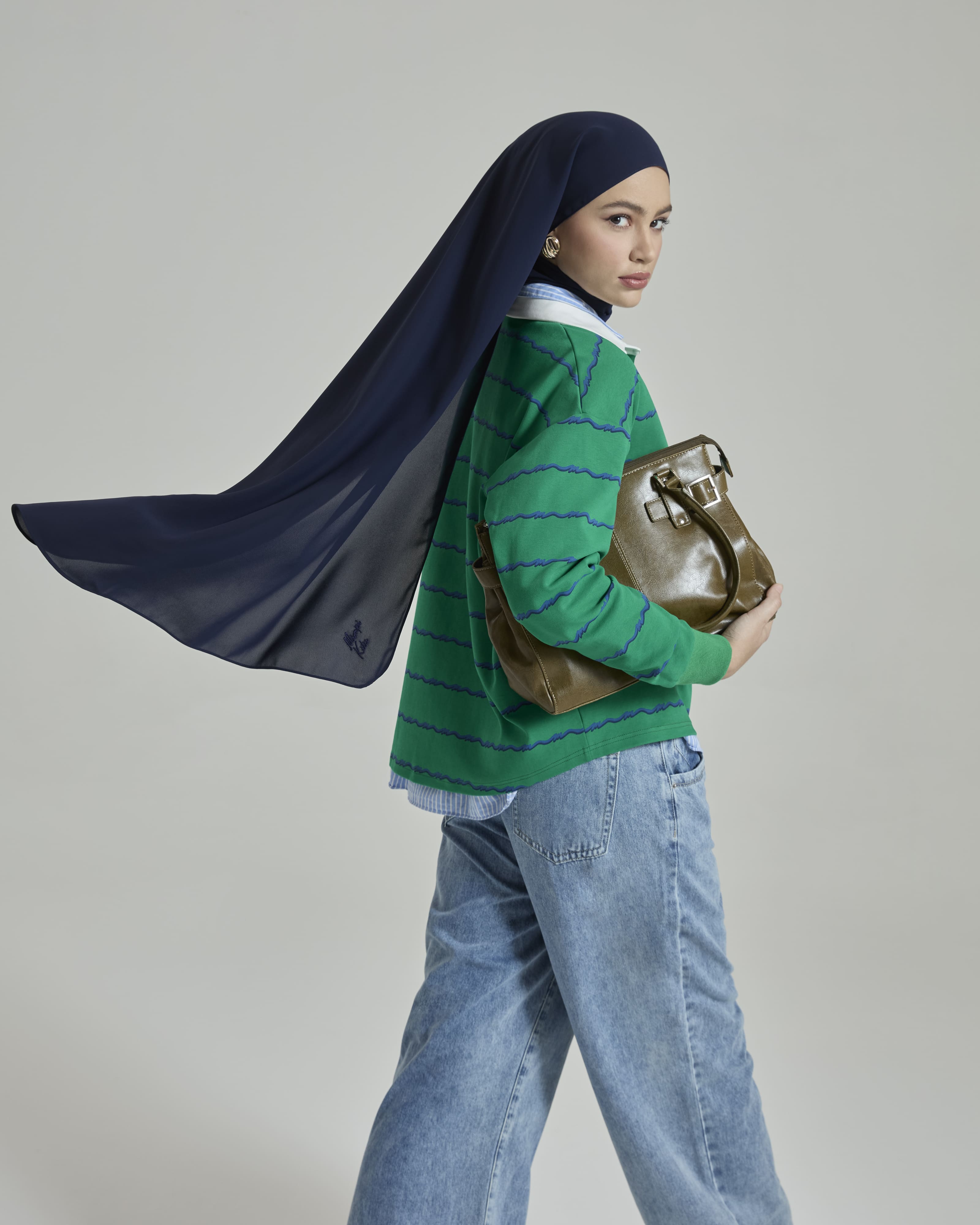 Leya Navy Embroidered Chiffon Shawl