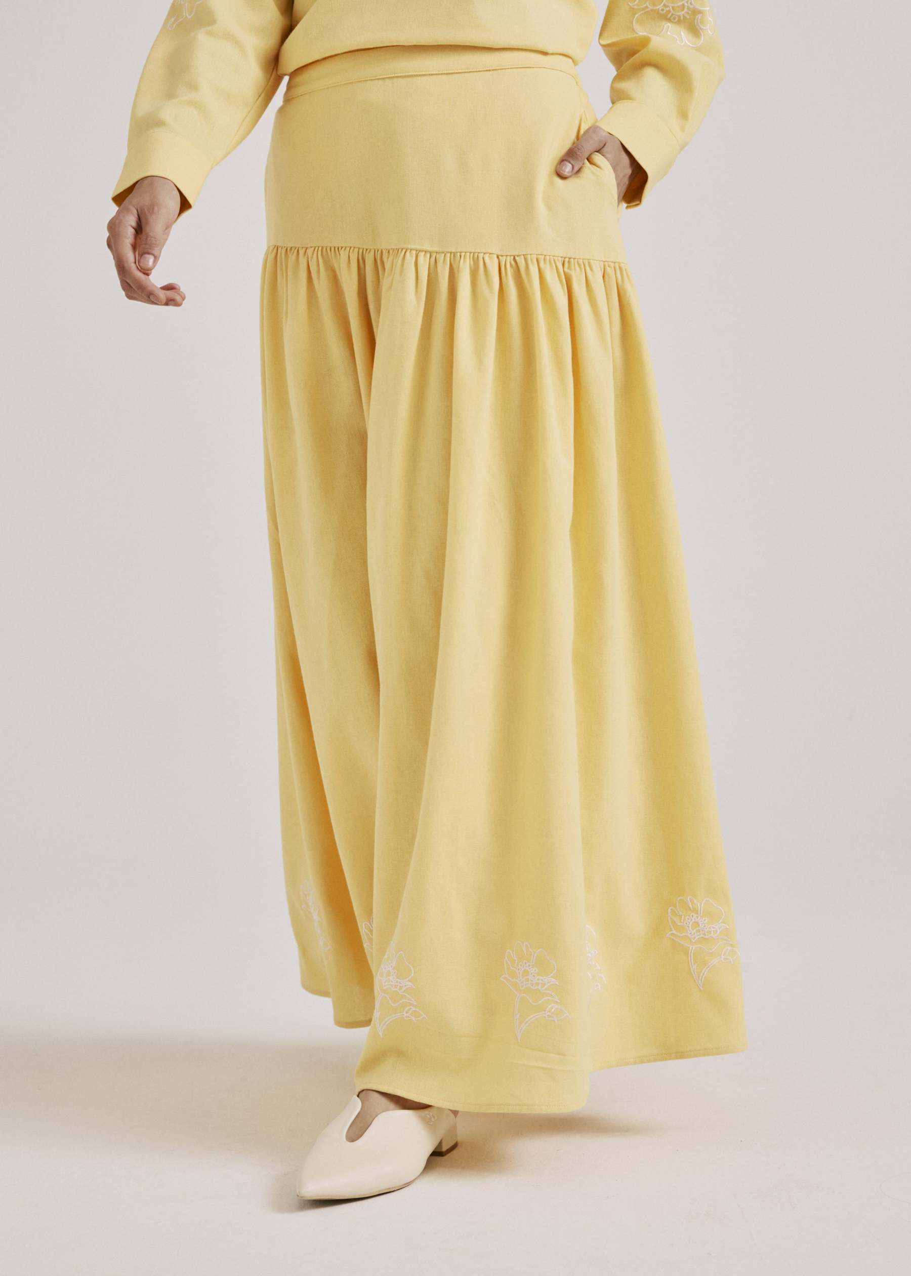 Meira Lemon Yellow Embroidered Linen Skirt