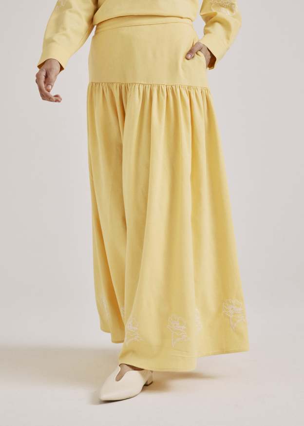 Meira Lemon Yellow Embroidered Linen Skirt