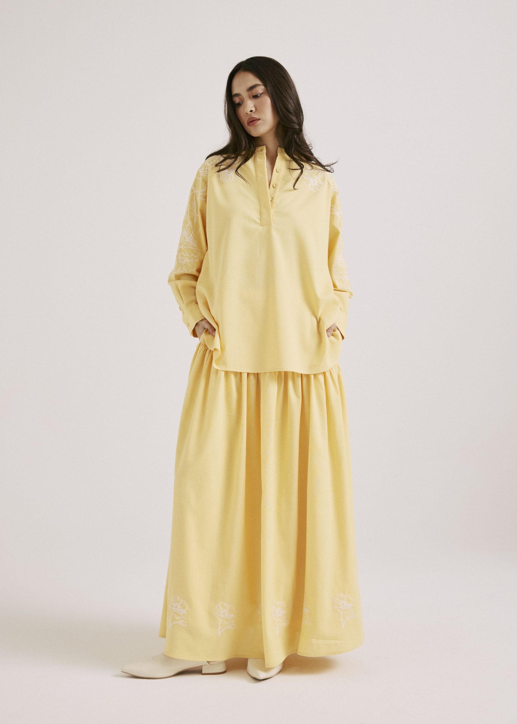 Meira Lemon Yellow Embroidered Linen Top