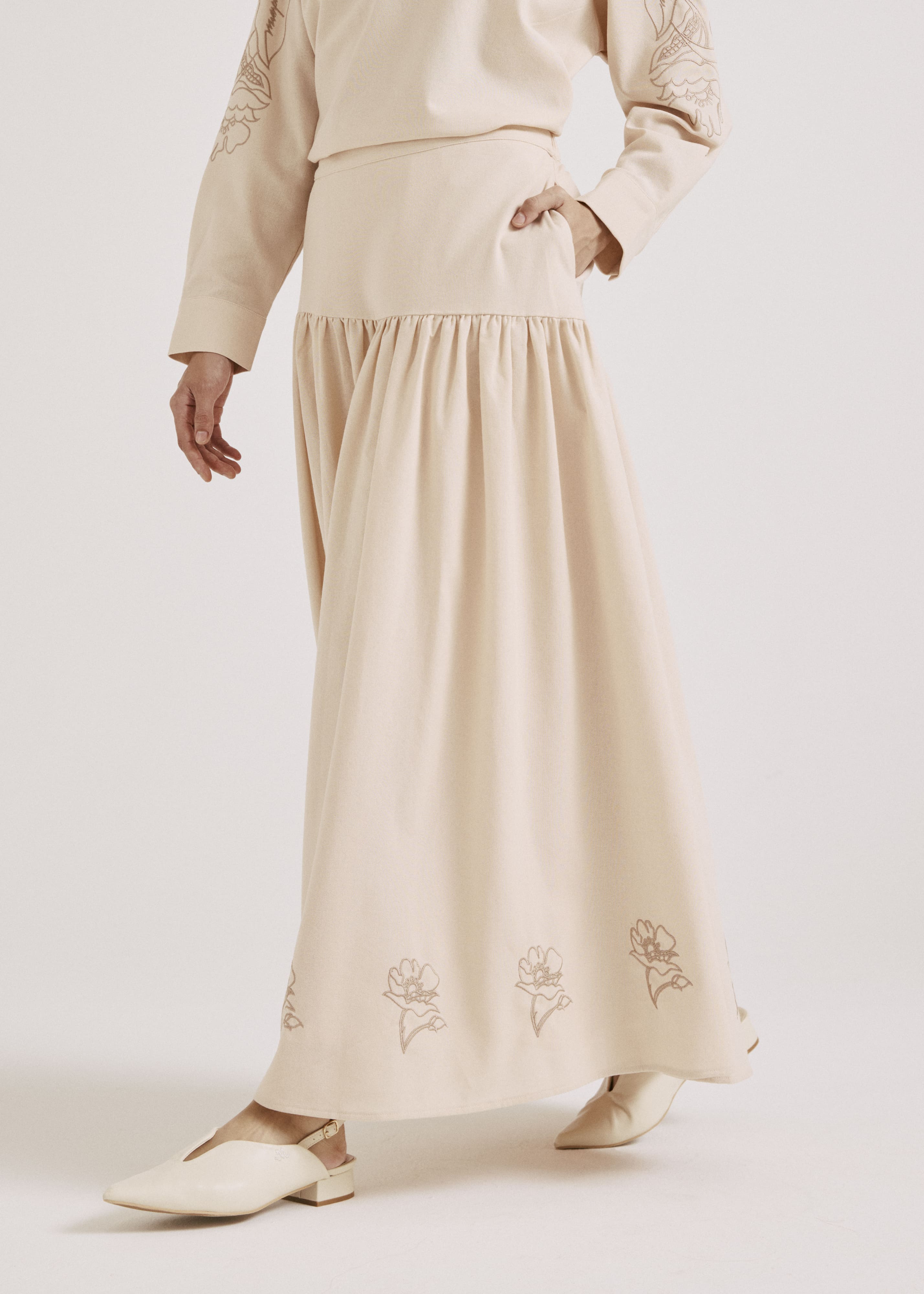 Meira Light Beige Embroidered Linen Skirt