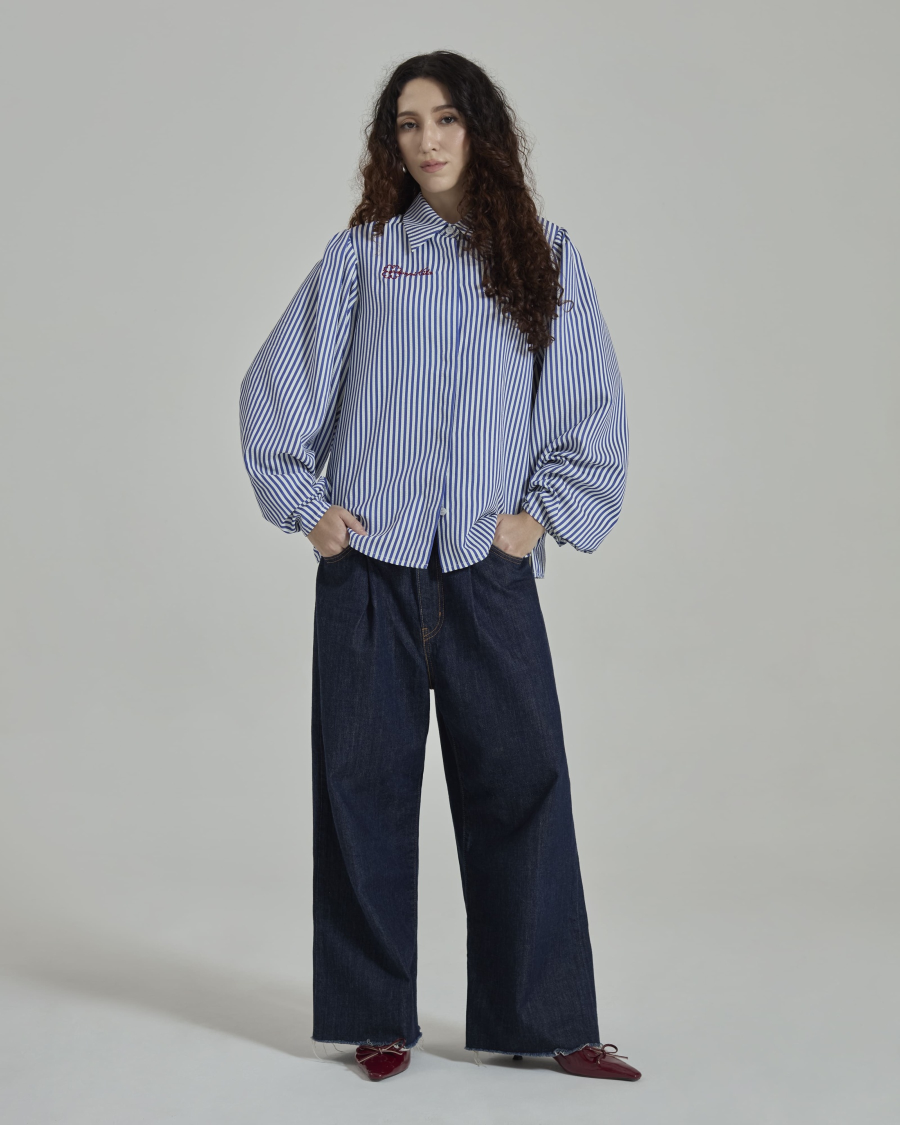 Emily Blue Striped Puff Sleeves Shirt