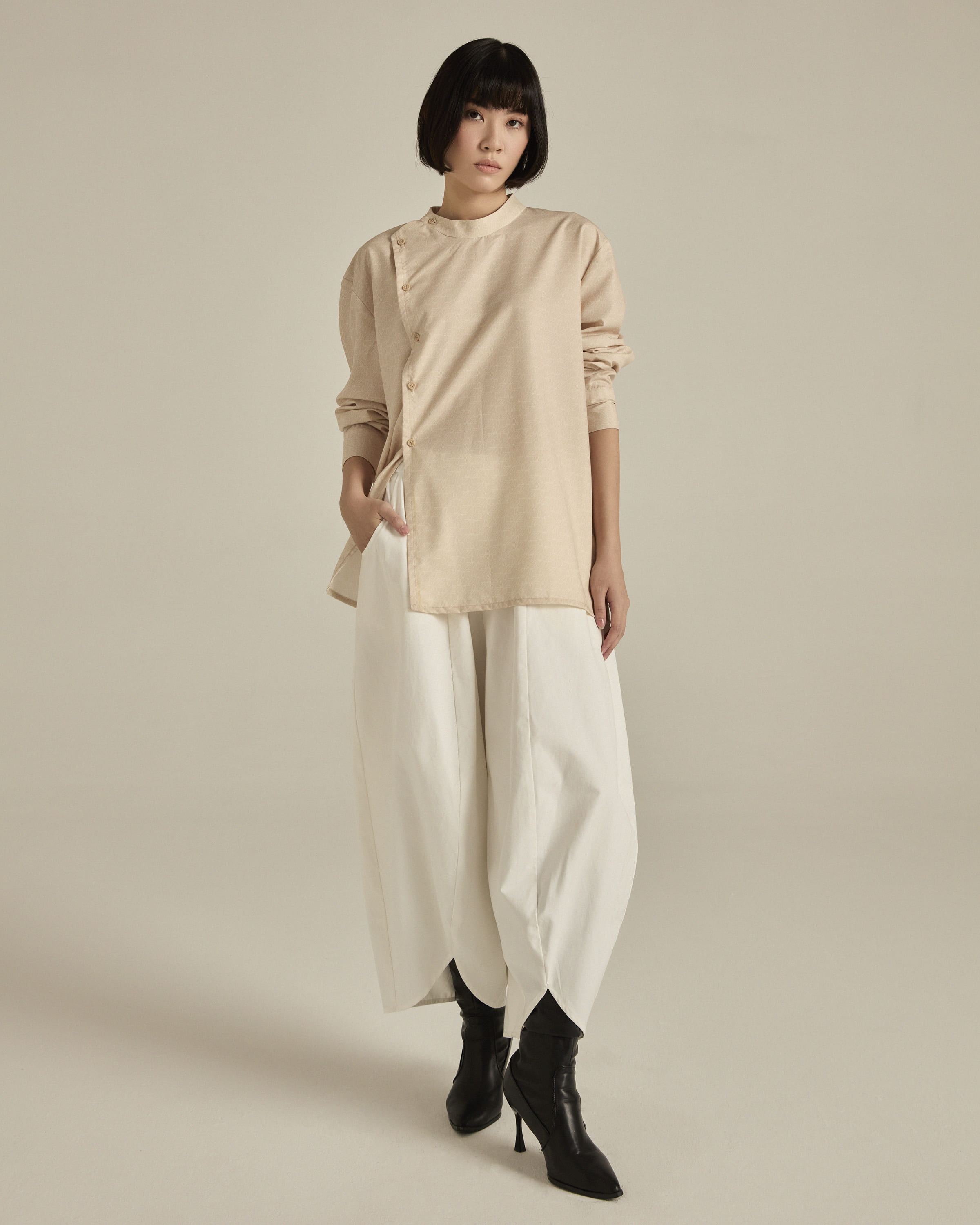 Nude Asymmetric Printed Shirt