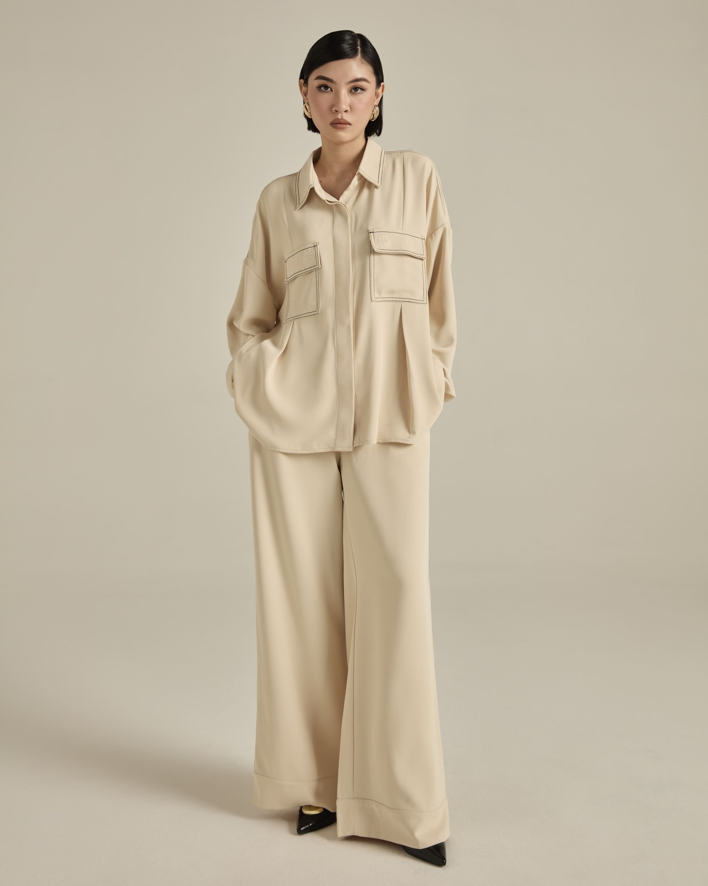 Nadya Soft Beige Monogram Loose Shirt