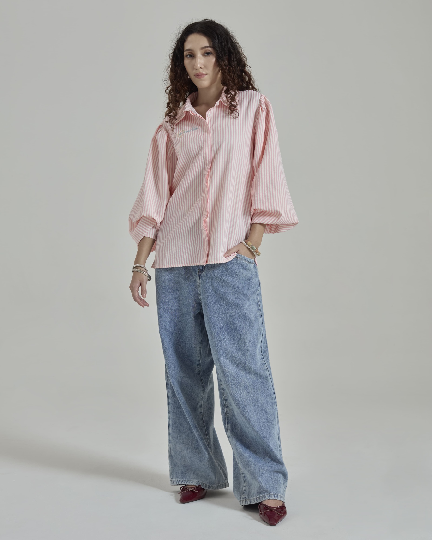 Emily Pink Striped Puff Sleeves Shirt
