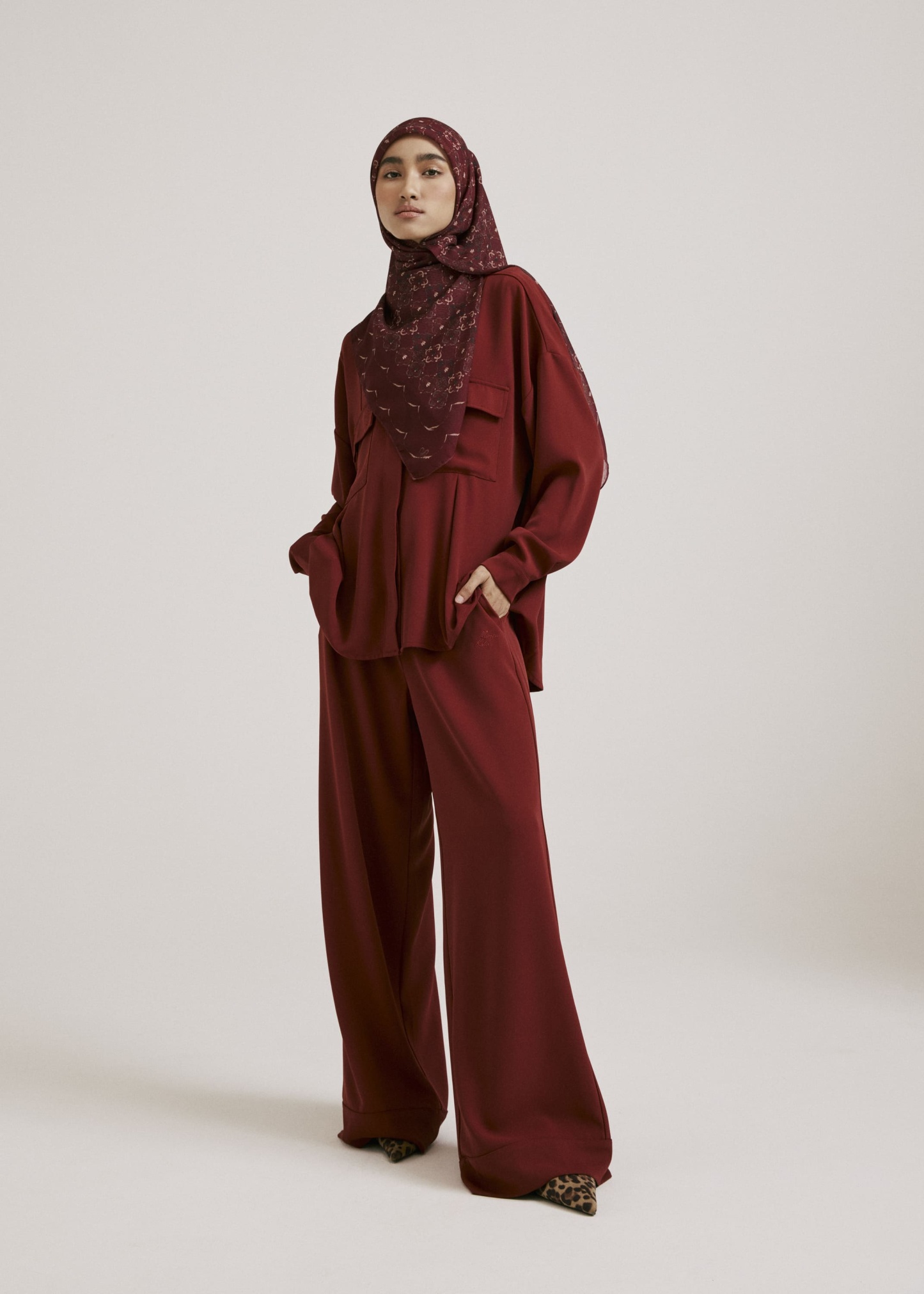 Nadya Burnt Maroon Monogram Loose Pants