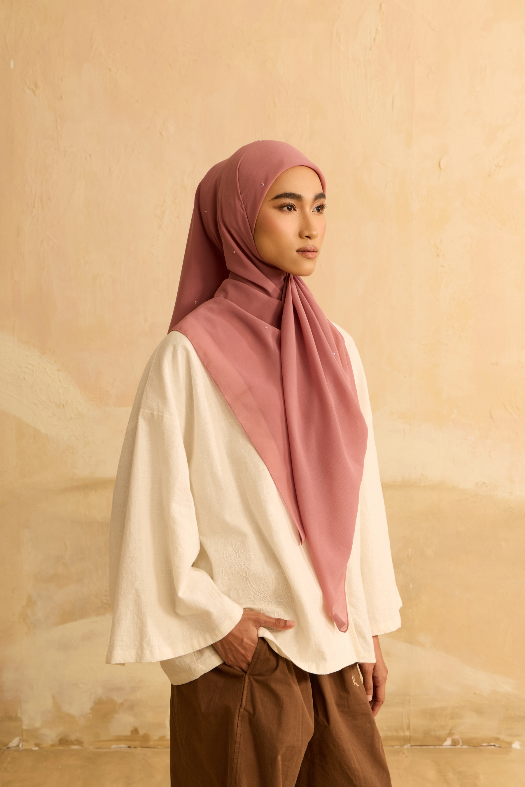 Mimpikita X Elfira Loy Alena Deep Blush Rhinestone Square Chiffon Scarf