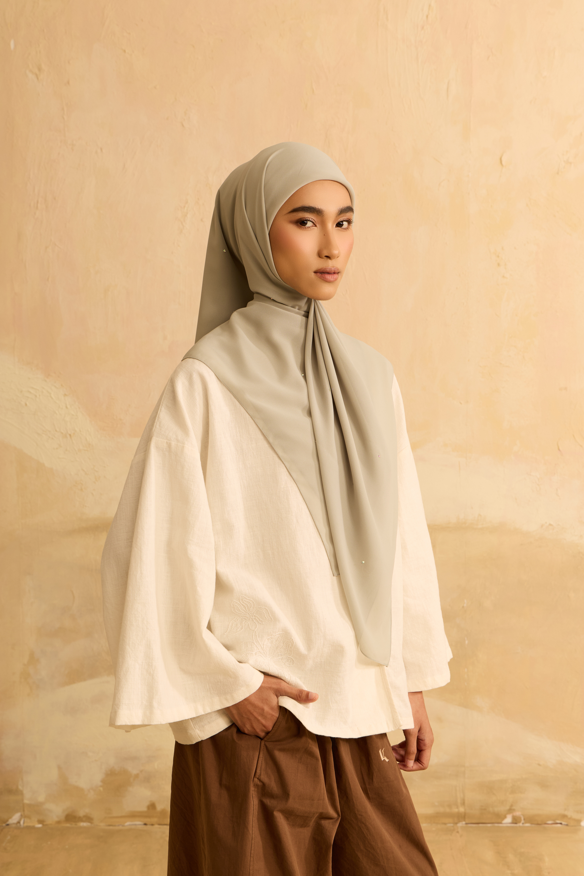 Mimpikita X Elfira Loy Alena Sage Green Rhinestone Square Chiffon Scarf