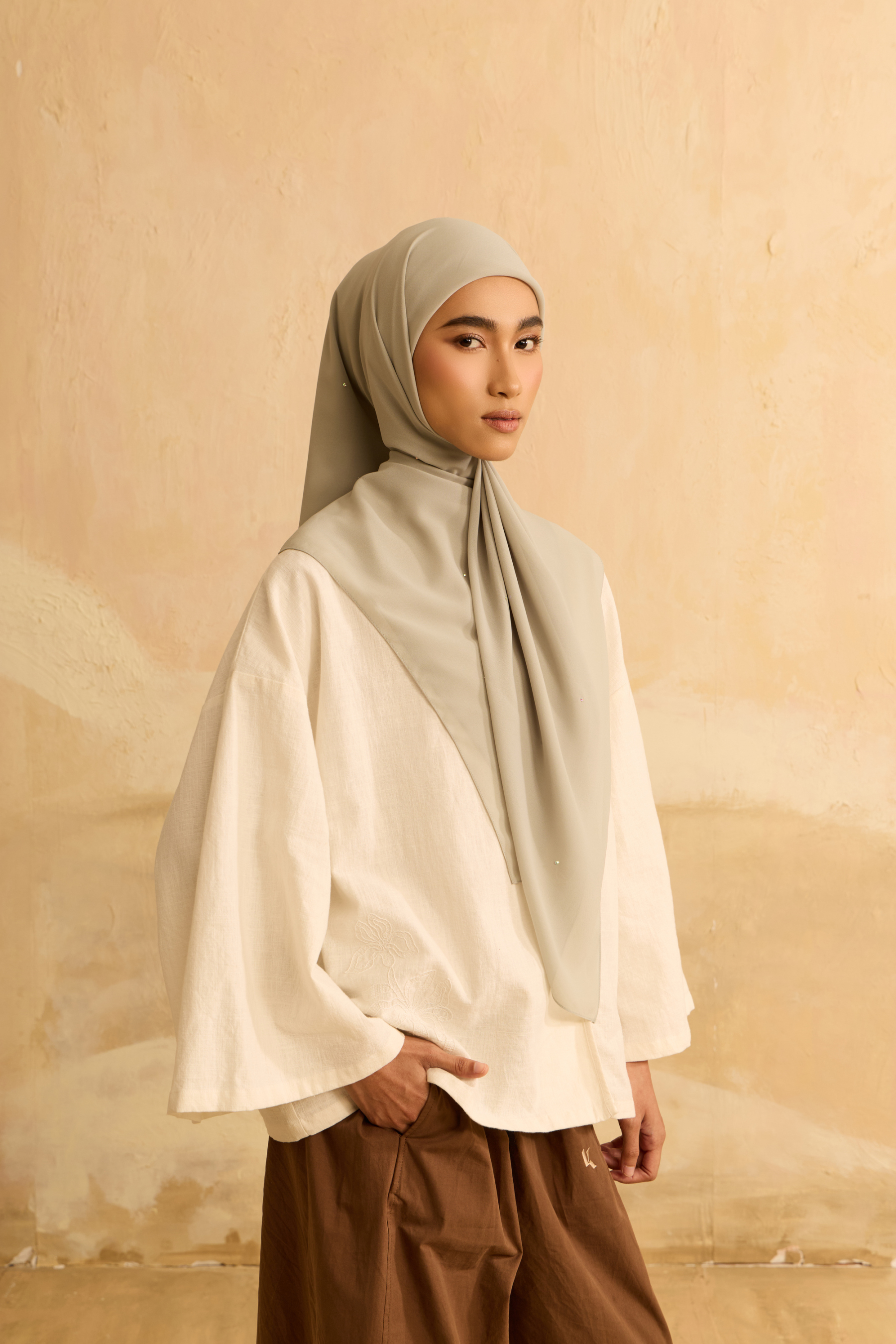 Mimpikita X Elfira Loy Alena Sage Green Rhinestone Square Chiffon Scarf