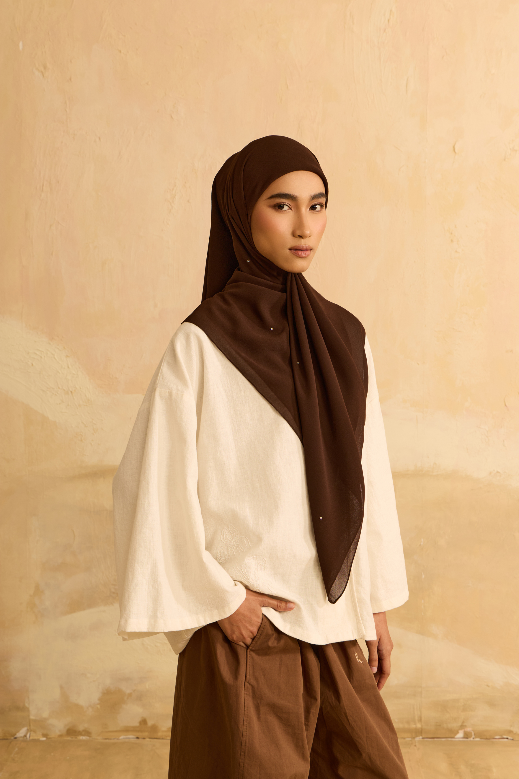 Mimpikita X Elfira Loy Alena Dark Brown Rhinestone Square Chiffon Scarf