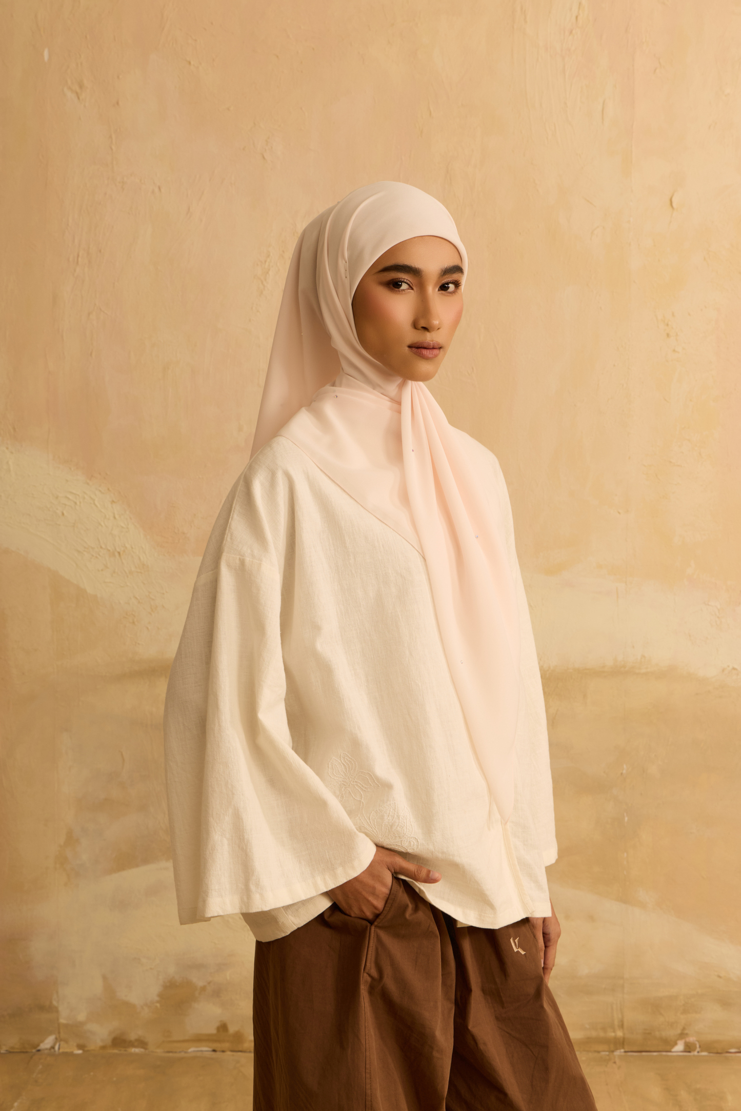 Mimpikita X Elfira Loy Alena Cream Rhinestone Square Chiffon Scarf