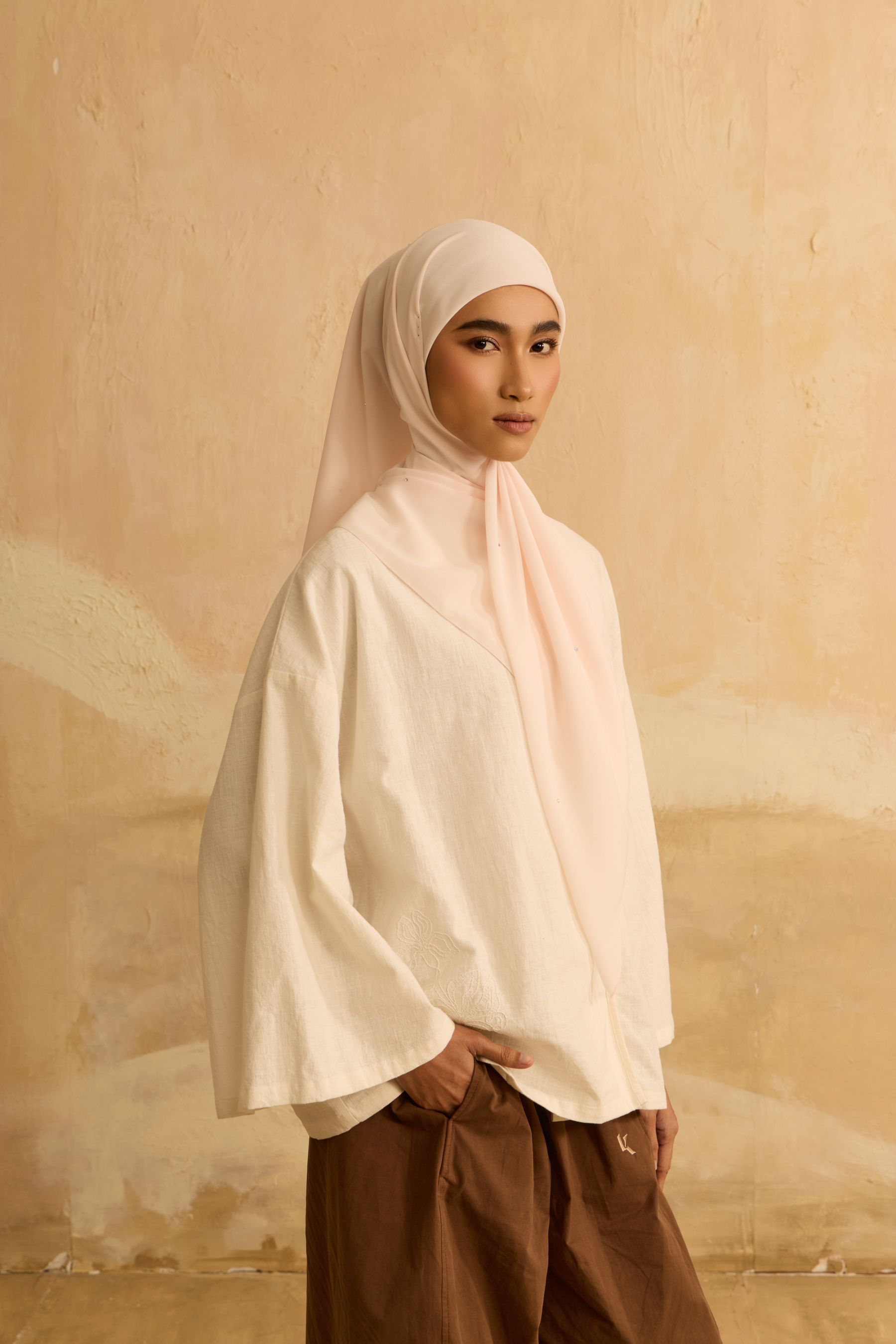 Mimpikita X Elfira Loy Alena Cream Rhinestone Square Chiffon Scarf