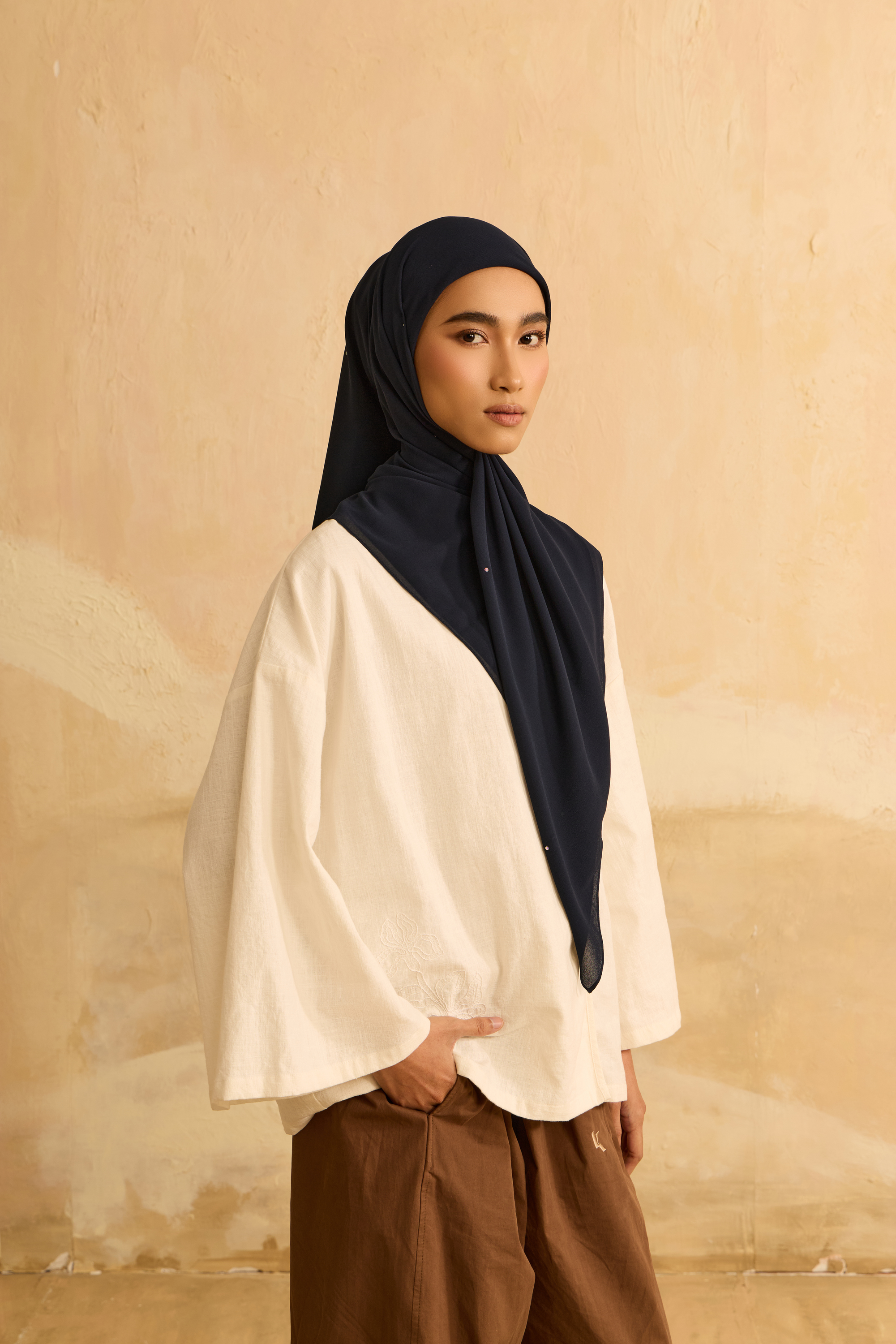 Mimpikita X Elfira Loy Alena Navy Blue Rhinestone Square Chiffon Scarf