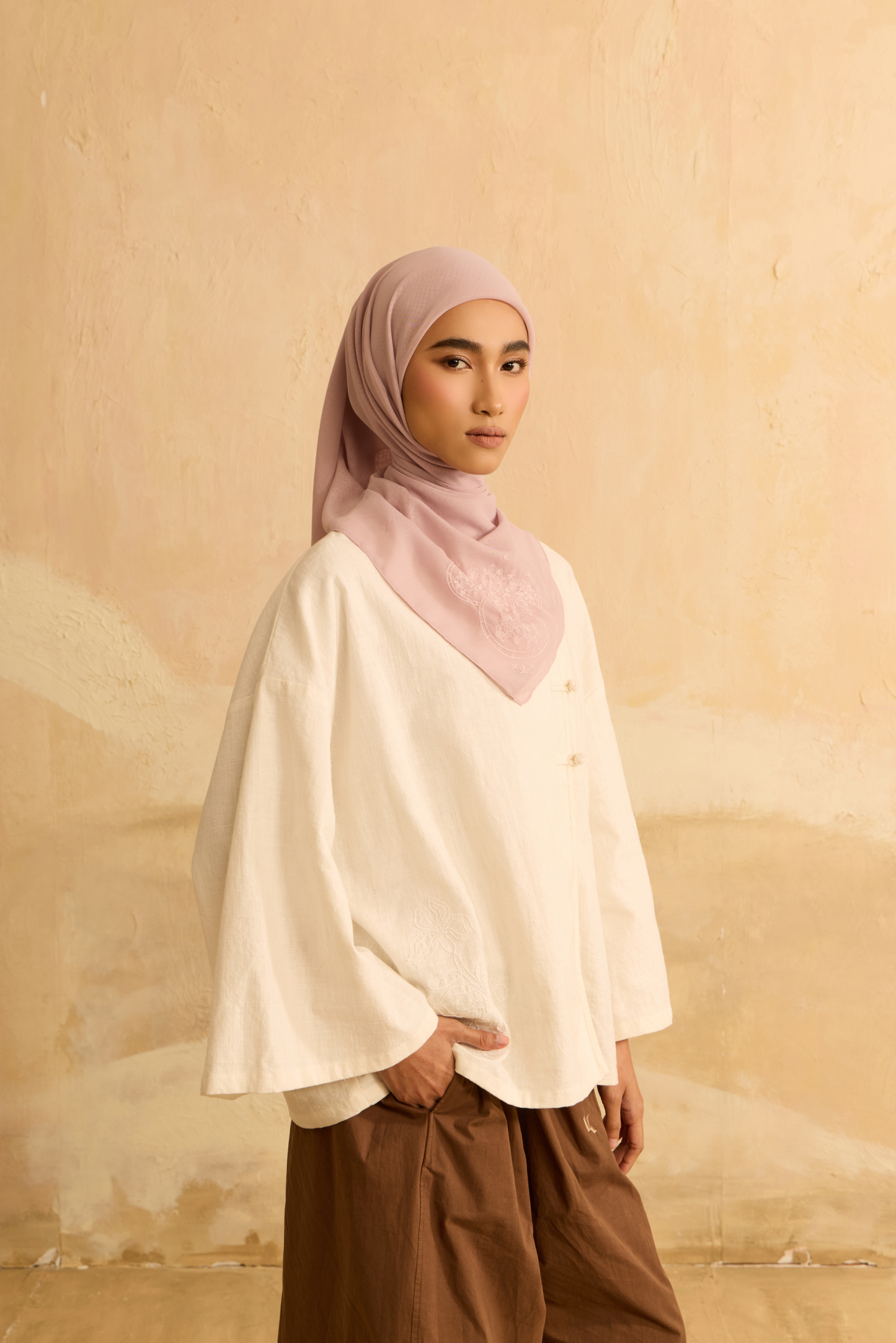 Mimpikita X Elfira Loy Enya Pink Embroidered Square Voile Scarf