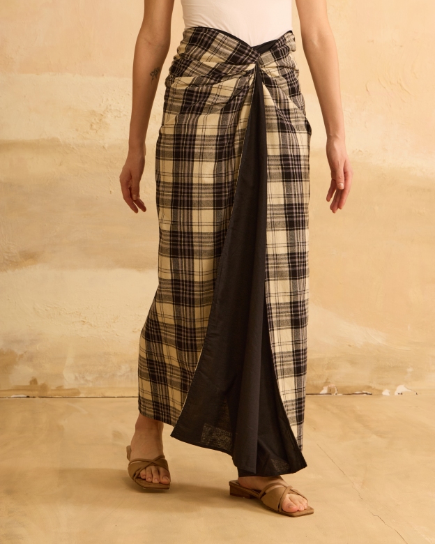 Timur Black Plaid Instant Pareo Skirt