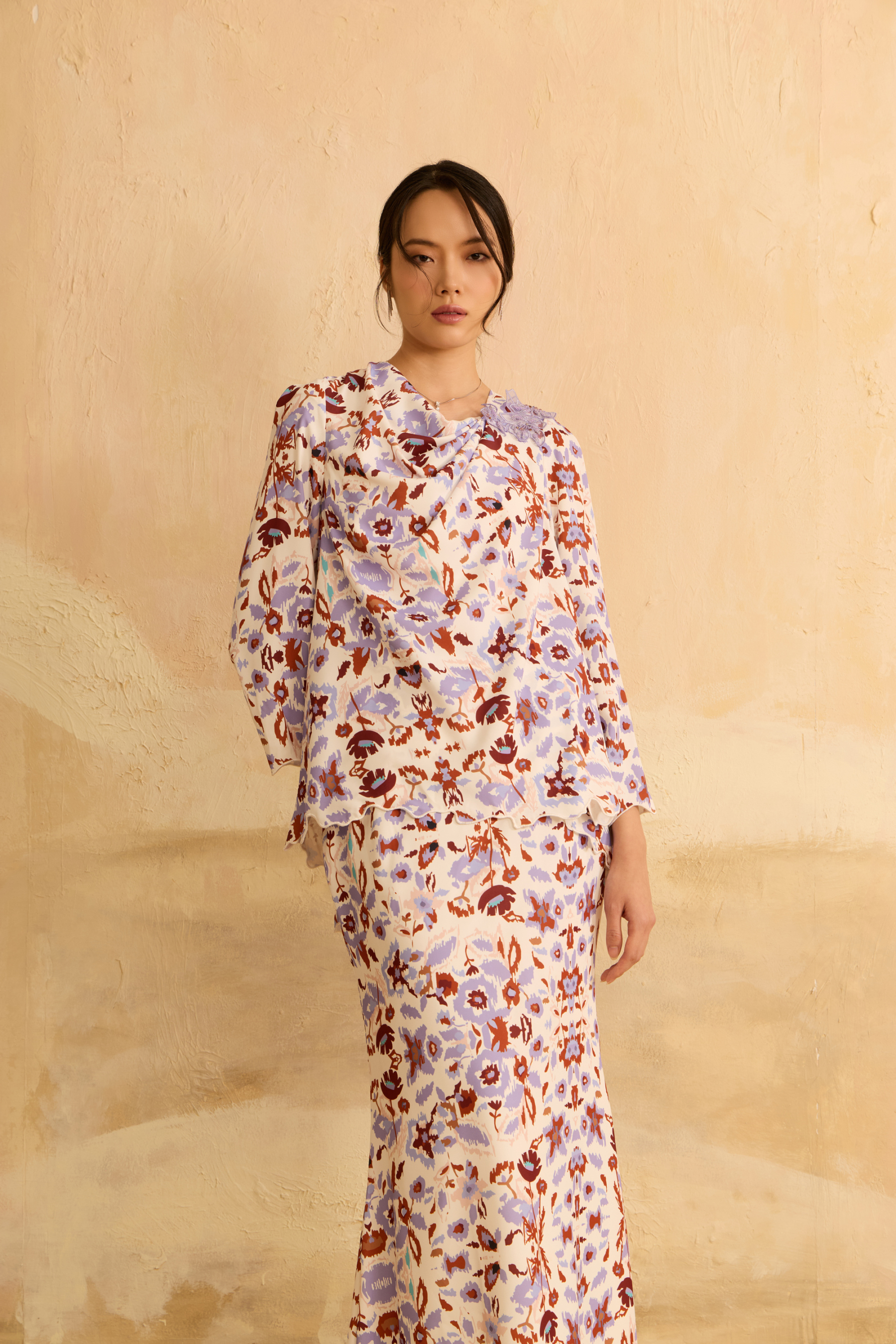 Raisa White Abstract Draped Kurung