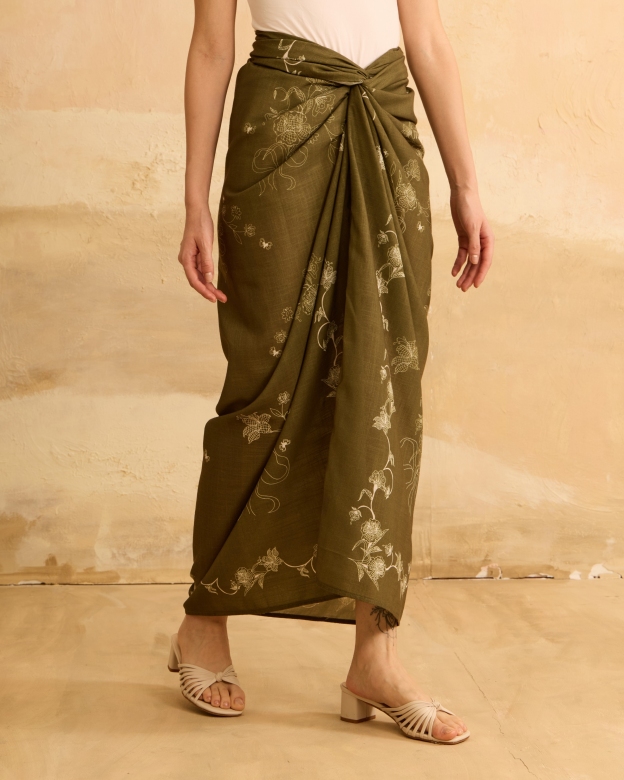 Feiha Green Printed Linen Pareo Skirt