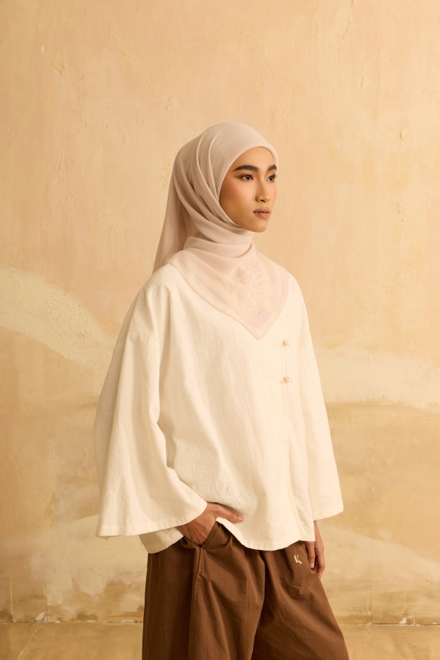 Mimpikita X Elfira Loy Enya Beige Embroidered Square Voile Scarf