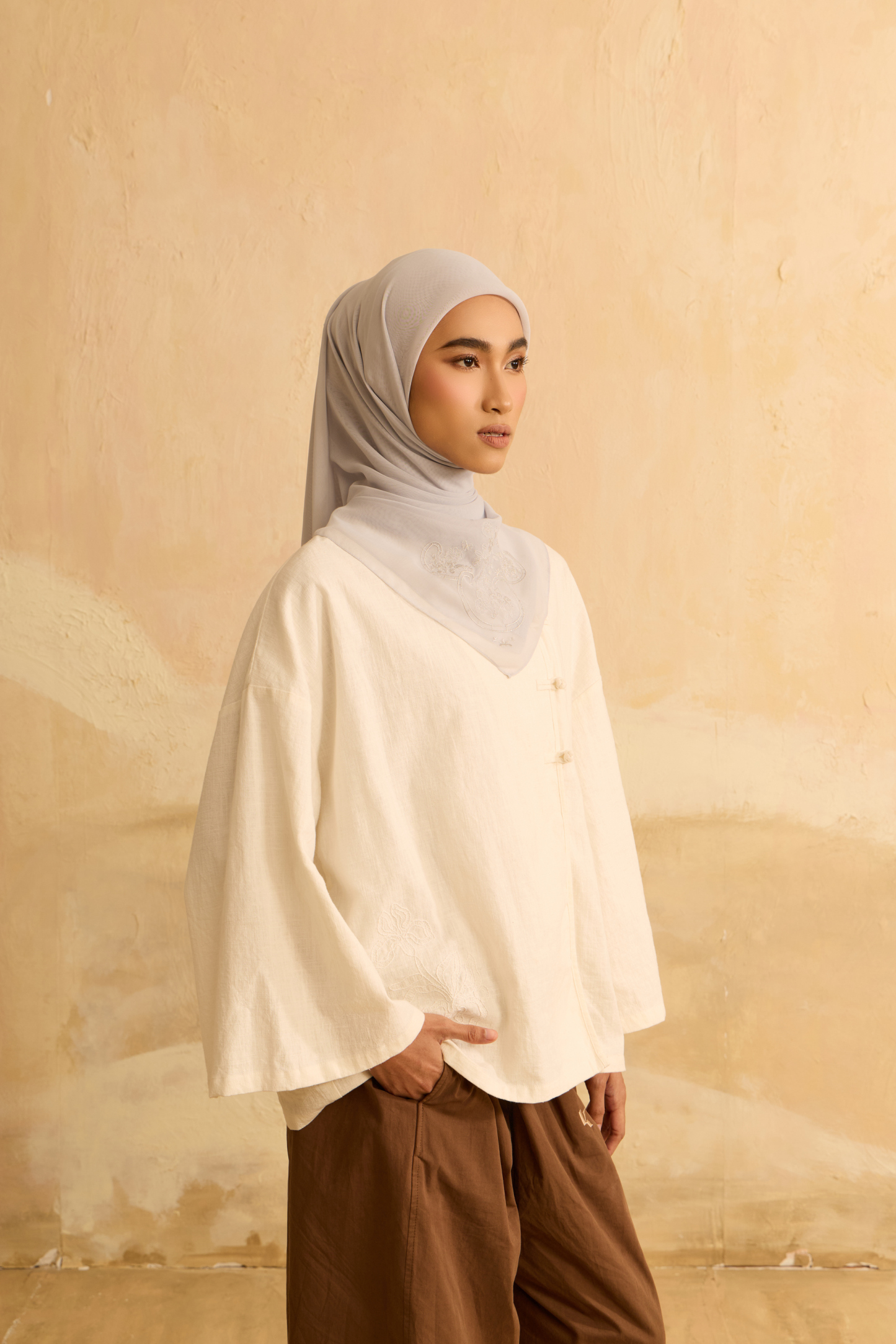 Mimpikita X Elfira Loy Enya Grey Embroidered Square Voile Scarf