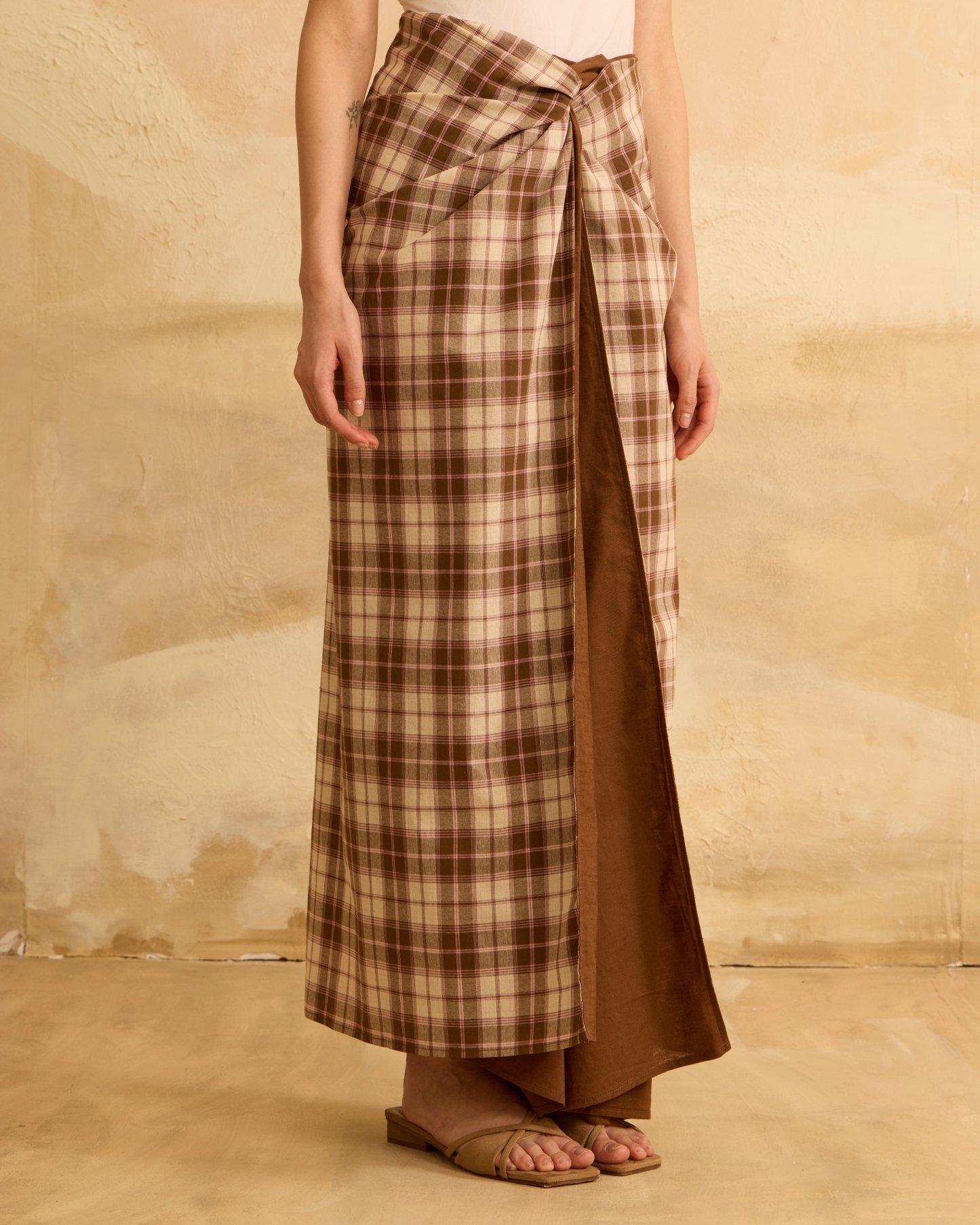 Timur Brown Plaid Instant Pareo Skirt
