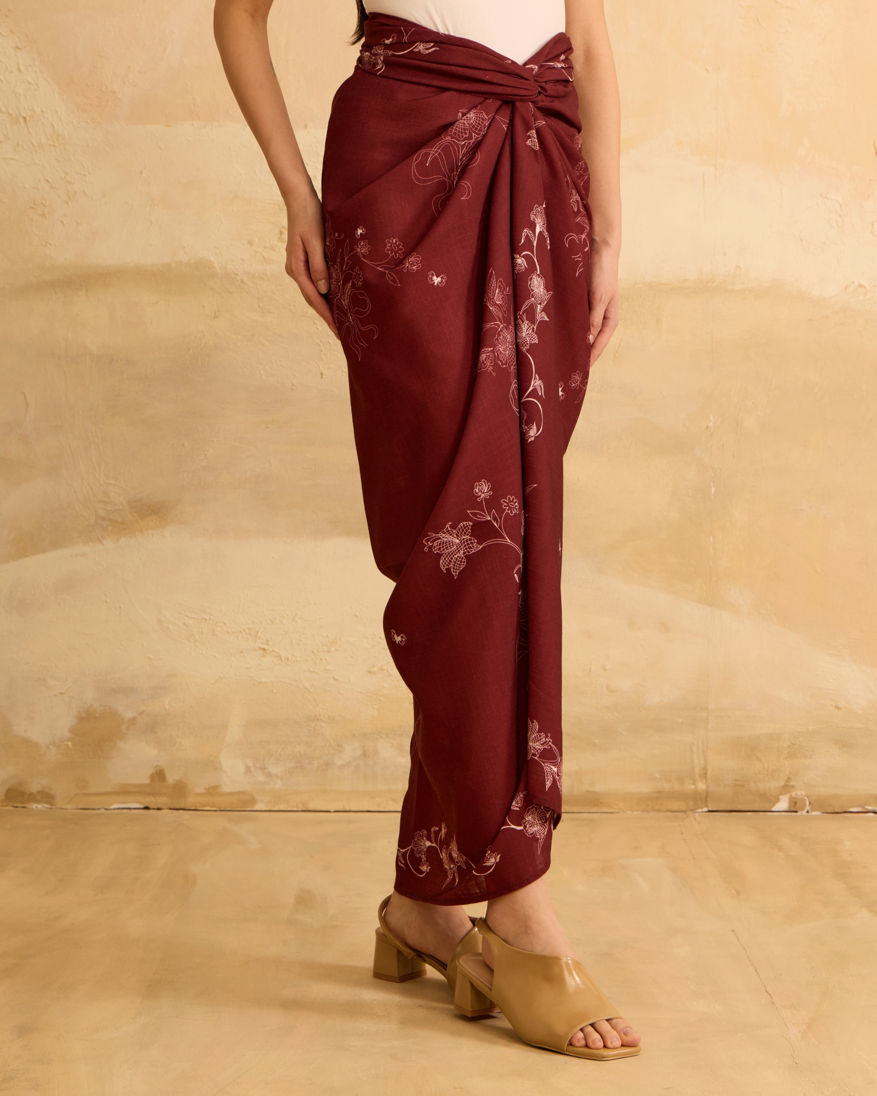 Feiha Maroon Printed Linen Pareo Skirt