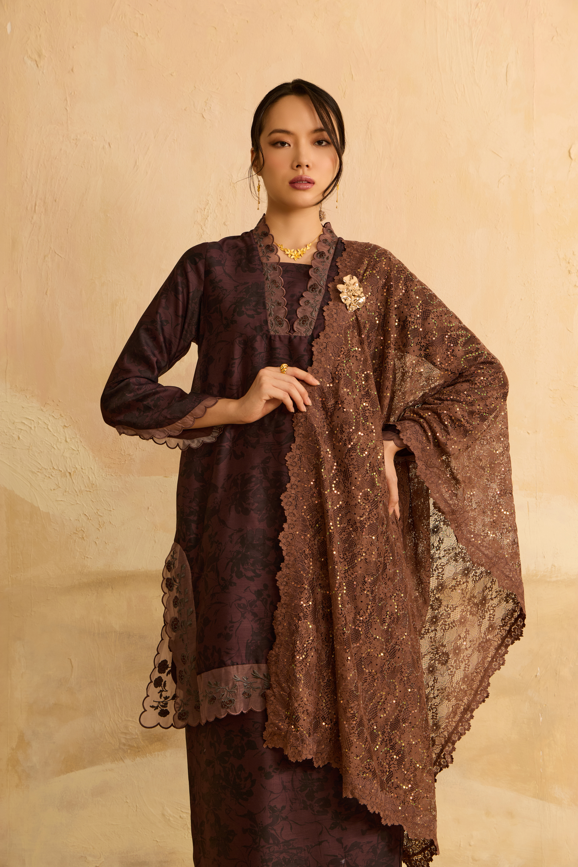 Mentari Rich Brown Printed Kurung Set