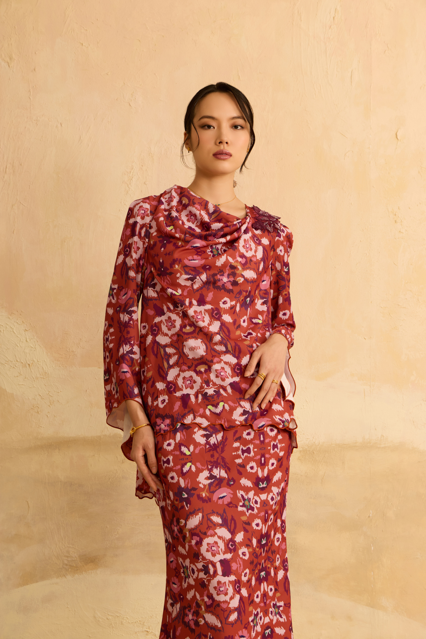 Raisa Brick Orange Abstract Draped Kurung