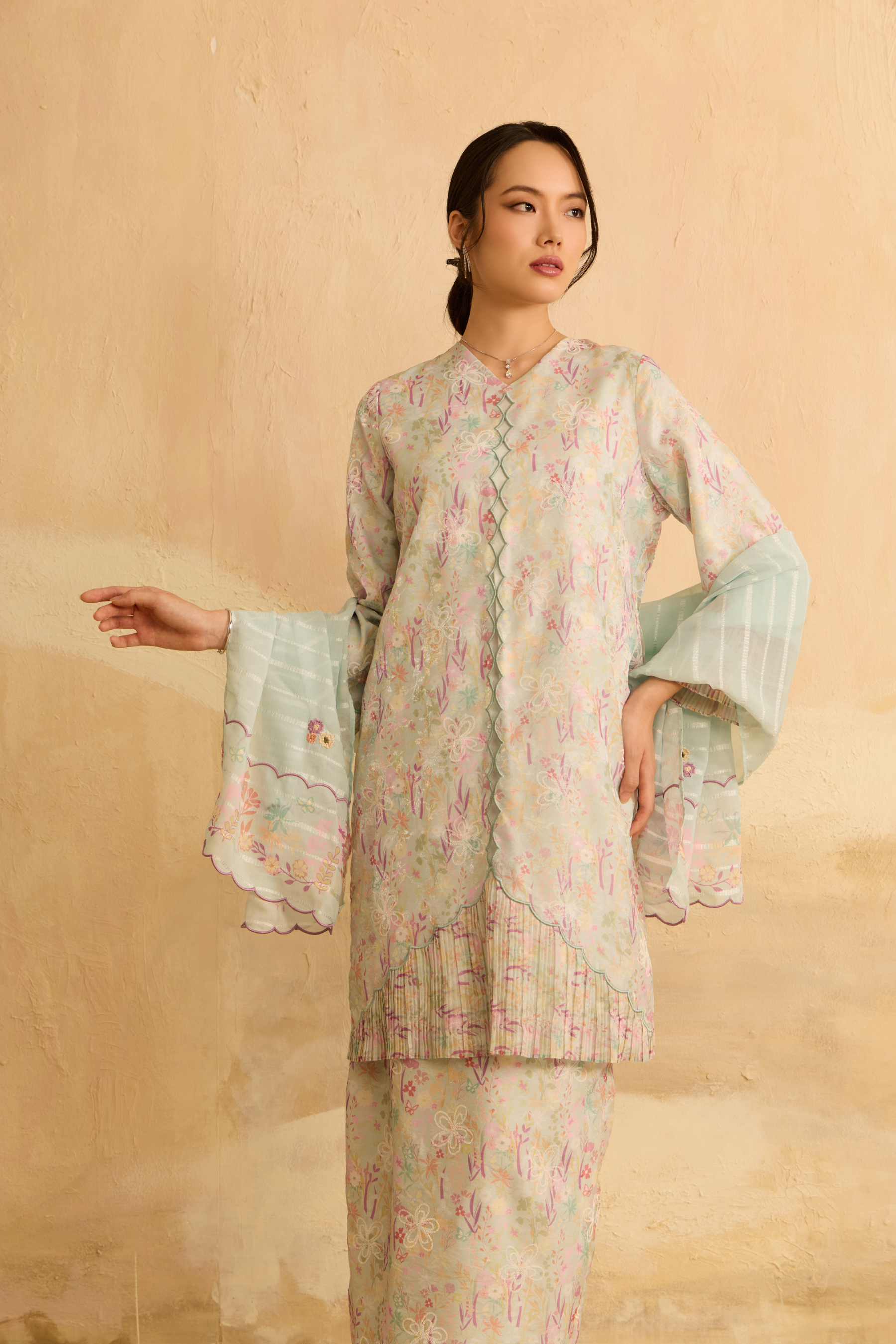 Kuntum Soft Blue Modern Kurung Set