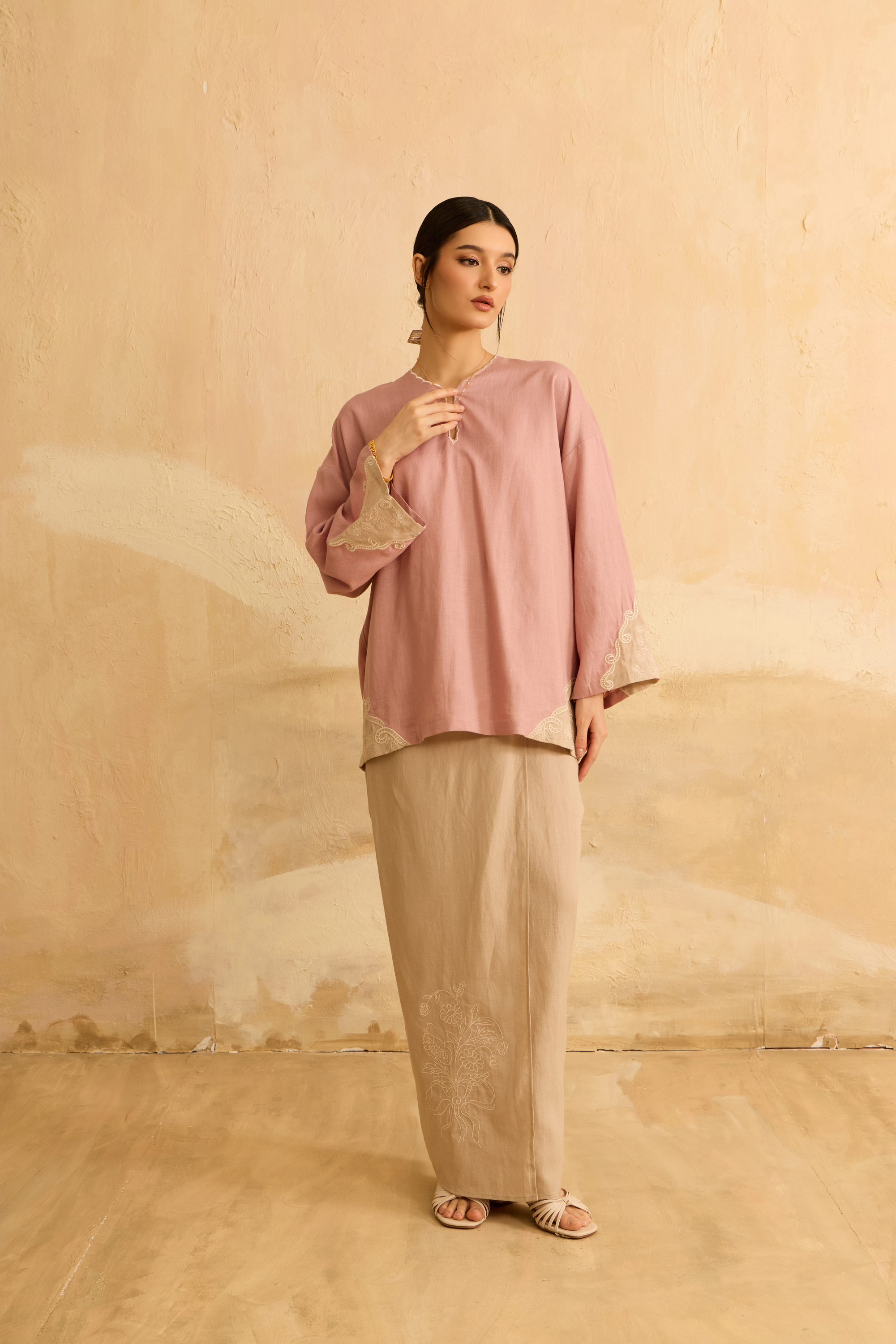 Naima Soft Pink Embroidered Kedah Modern Kurung