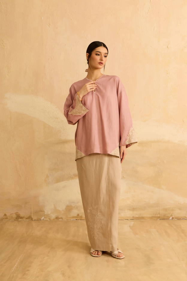 Naima Soft Pink Embroidered Kedah Modern Kurung