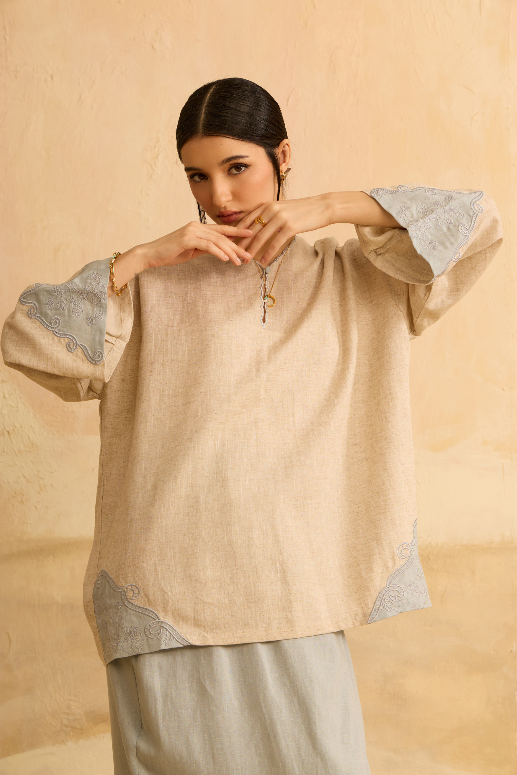 Naima Blue Embroidered Kedah Modern Kurung