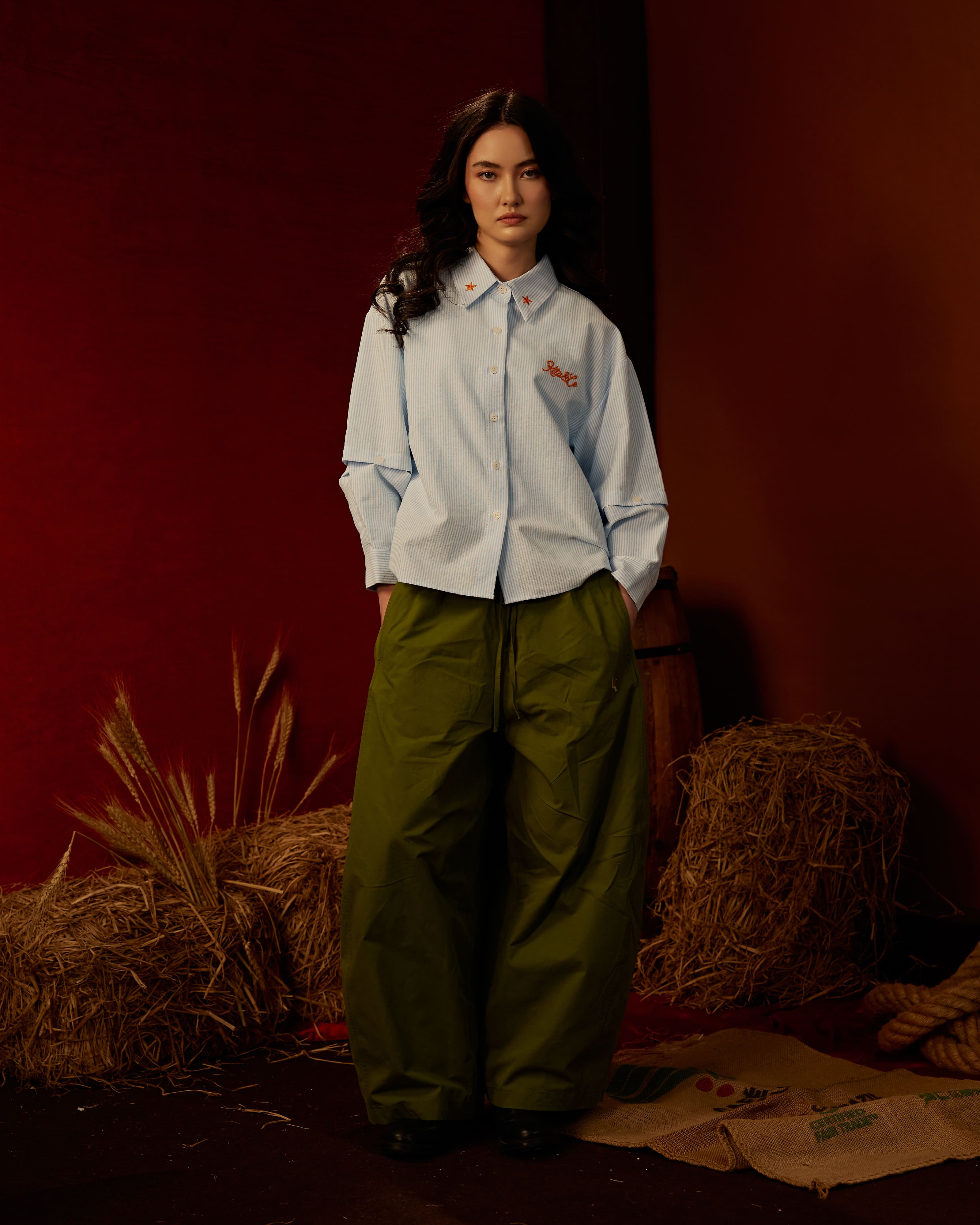 Boxy Detachable-Sleeves Striped Shirt