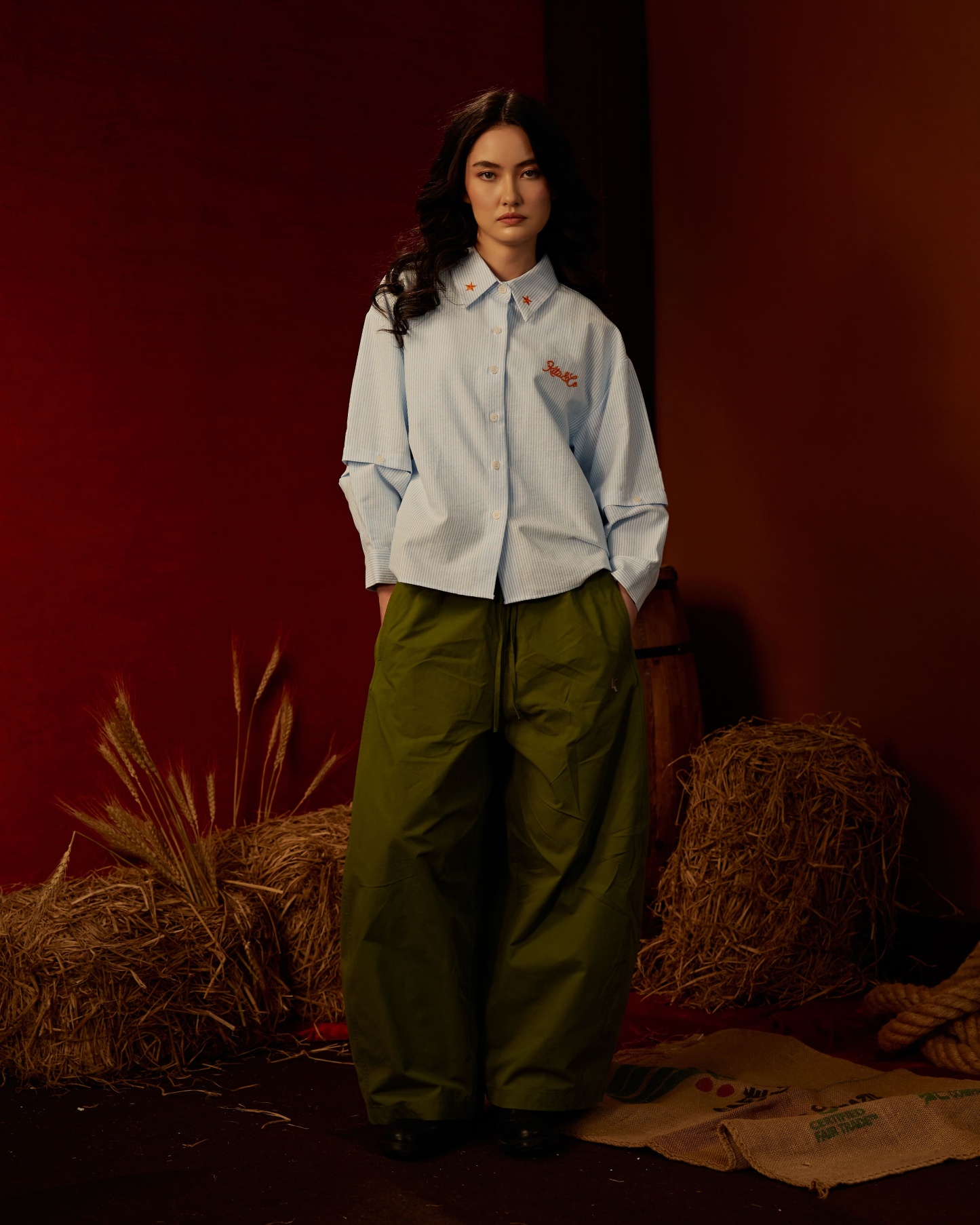 Boxy Detachable-Sleeves Striped Shirt