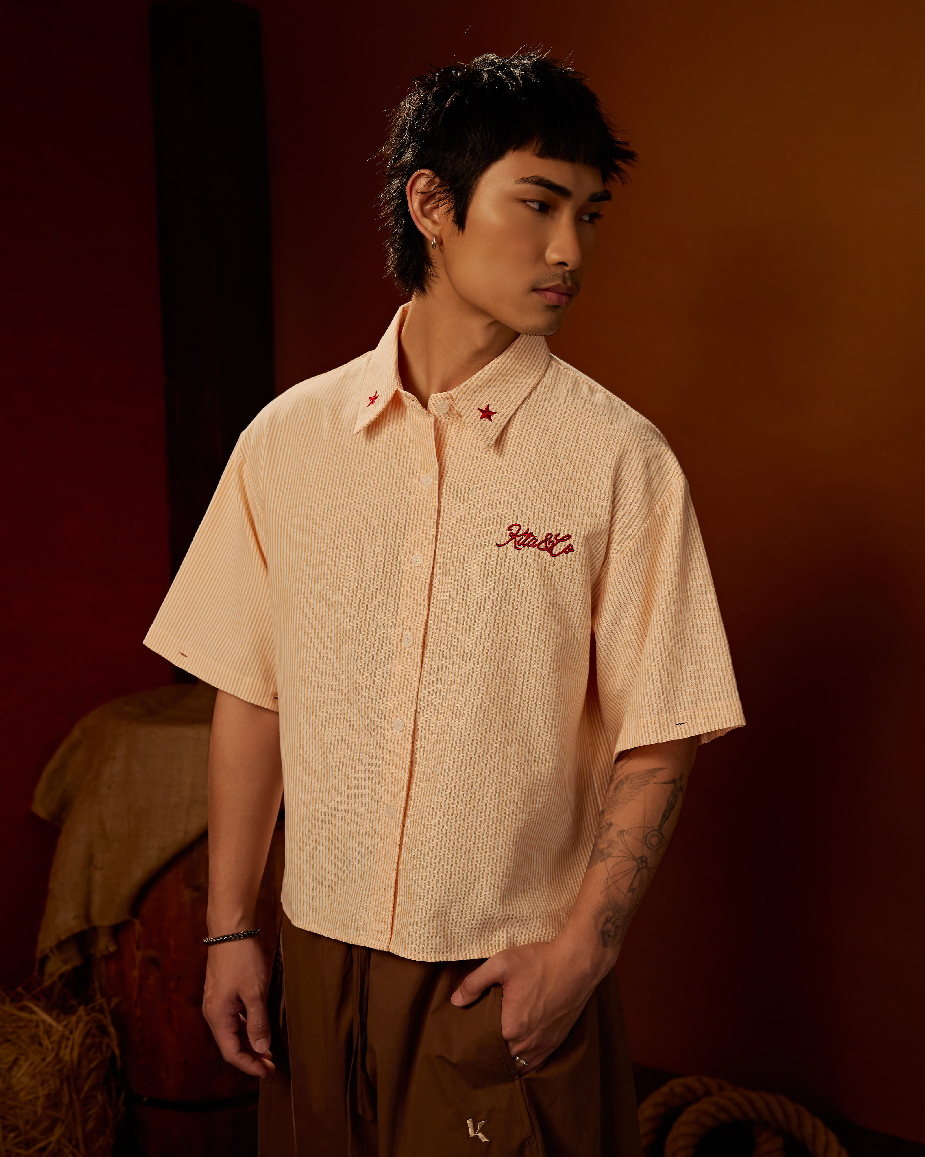 Boxy Detachable-Sleeves Striped Shirt