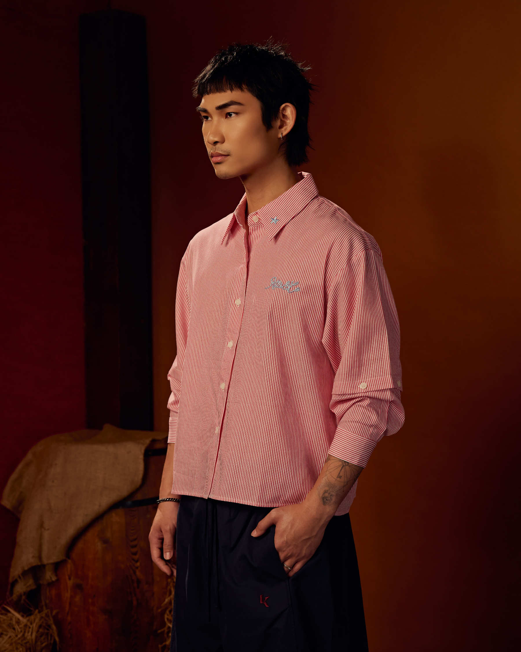 Boxy Detachable-Sleeves Striped Shirt