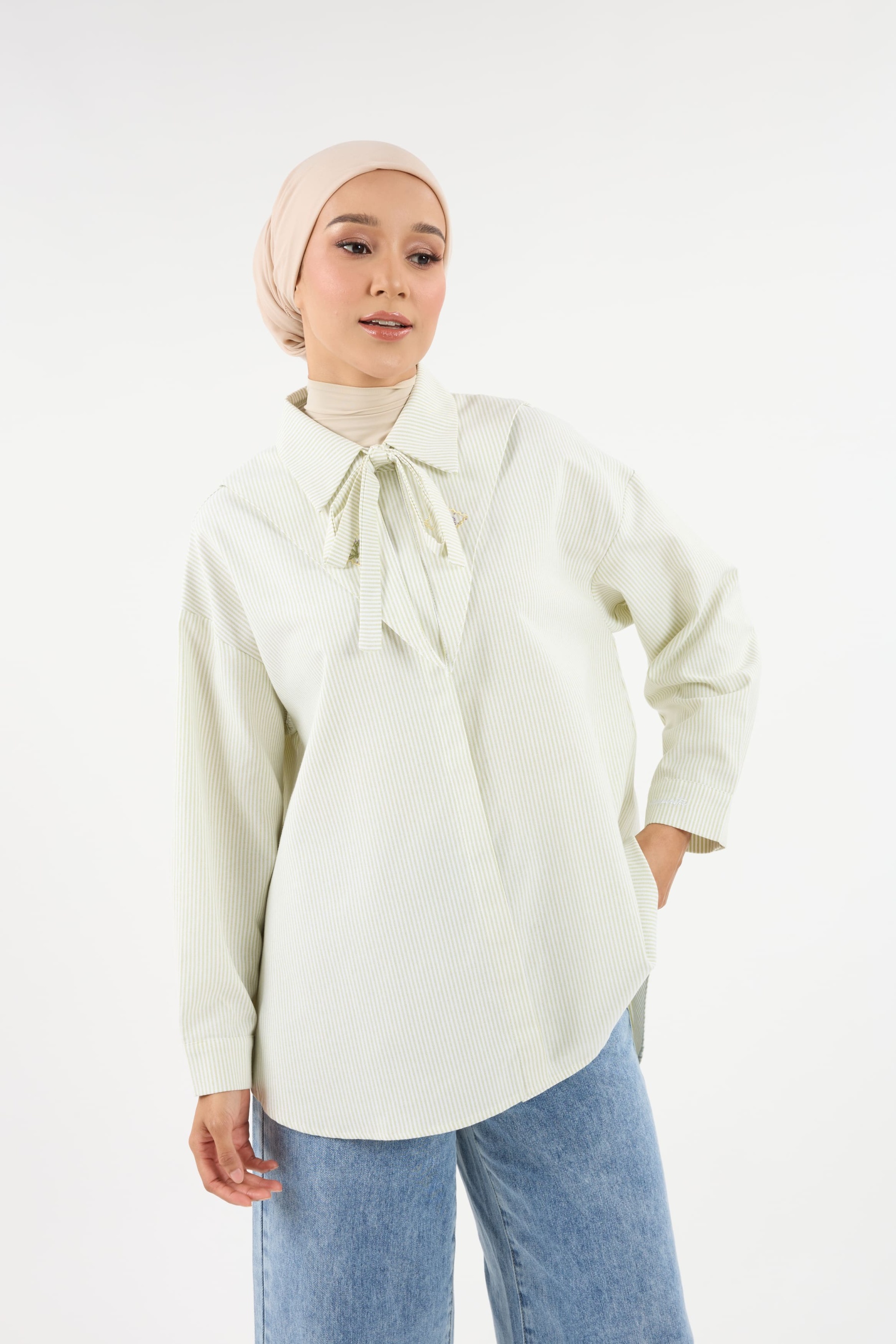 Harmoni Matcha Green Striped Linen Shirt