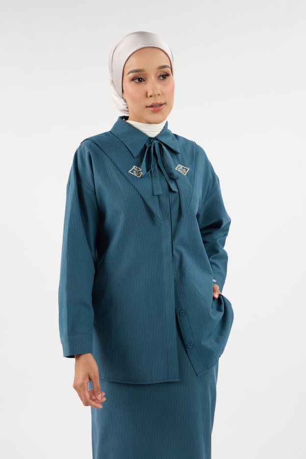 Harmoni Teal Blue Striped Linen Shirt