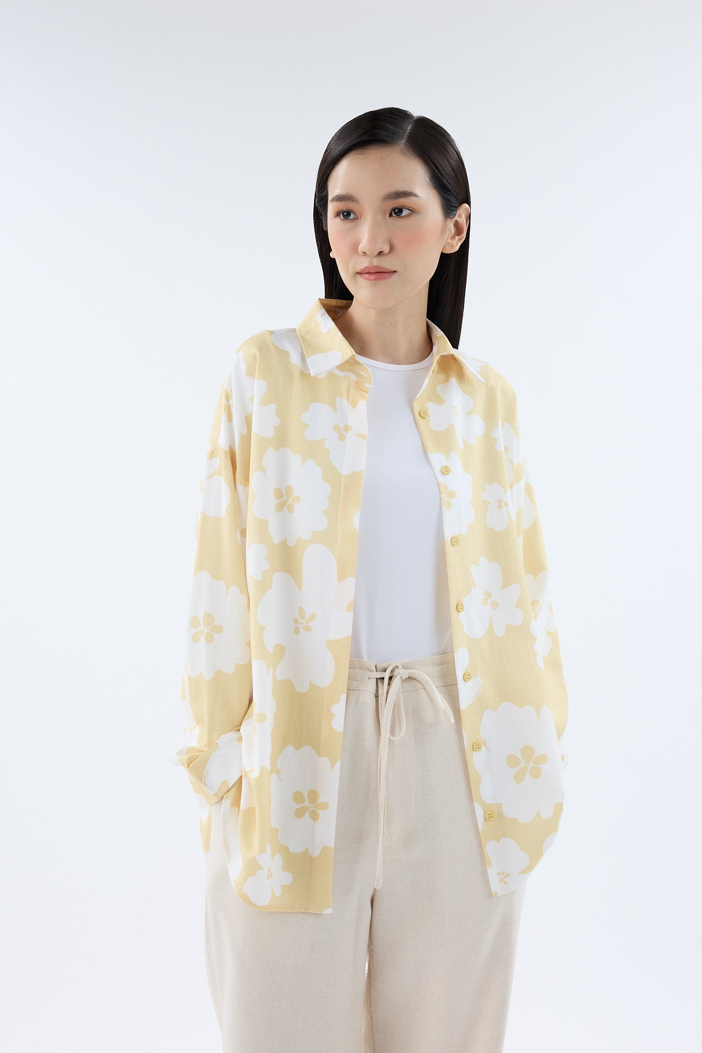 Fiora Butter Yellow Printed Oversized Shirt