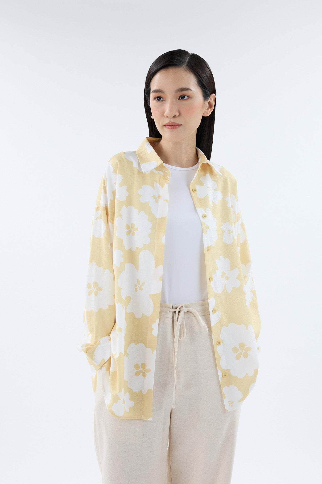 Fiora Butter Yellow Printed Oversized Shirt