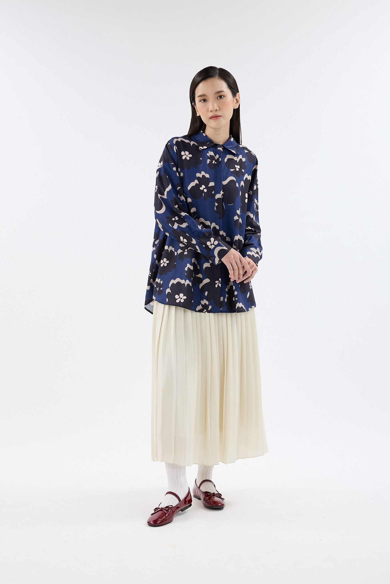 Fiora Navy Blue Printed Oversized Shirt