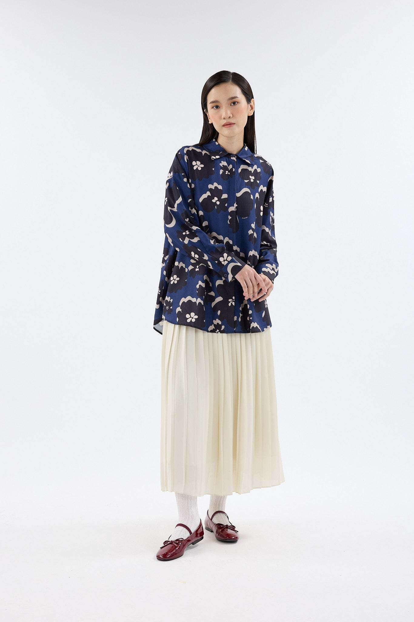 Fiora Navy Blue Printed Oversized Shirt