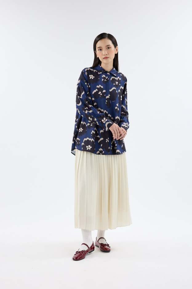 Fiora Navy Blue Printed Oversized Shirt