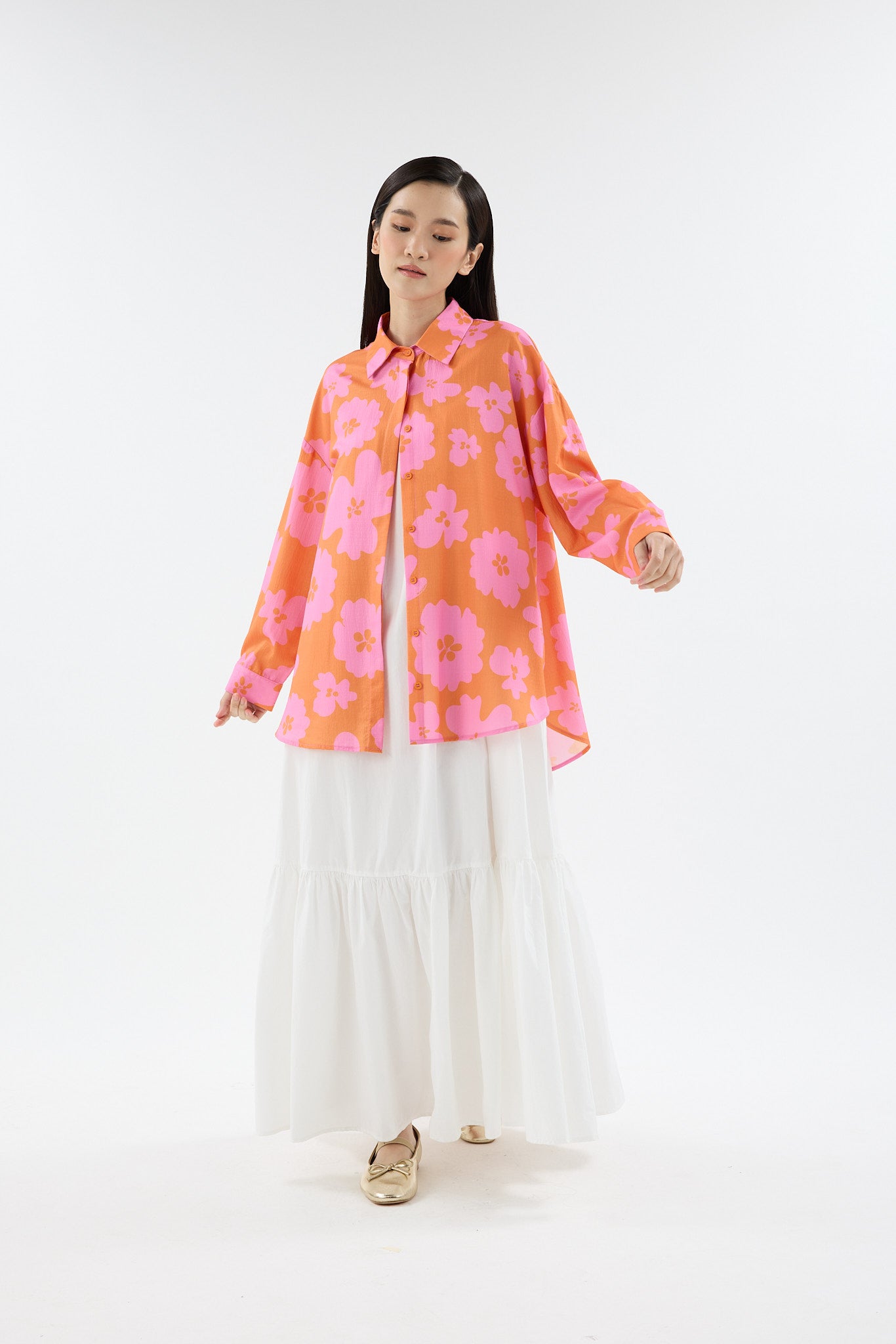 Fiora Orange Printed Oversized Shirt