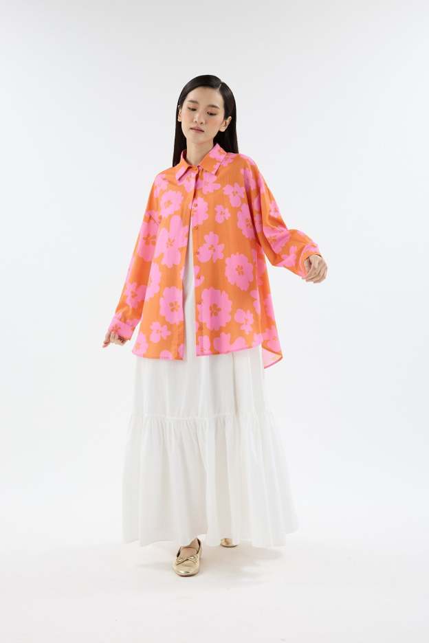 Fiora Orange Printed Oversized Shirt