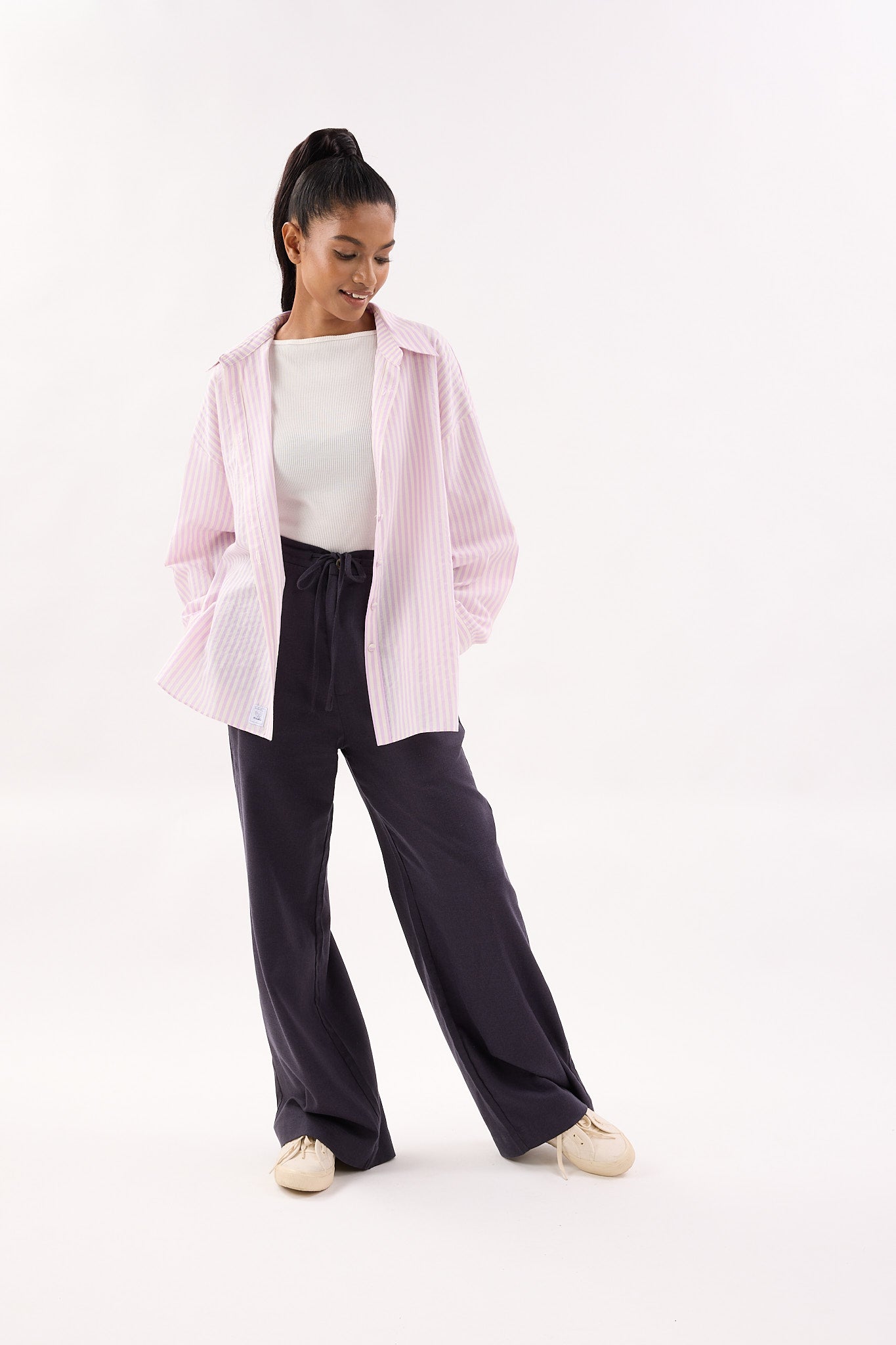 Dark Navy Blue Linen Wide Leg Pants - Women's